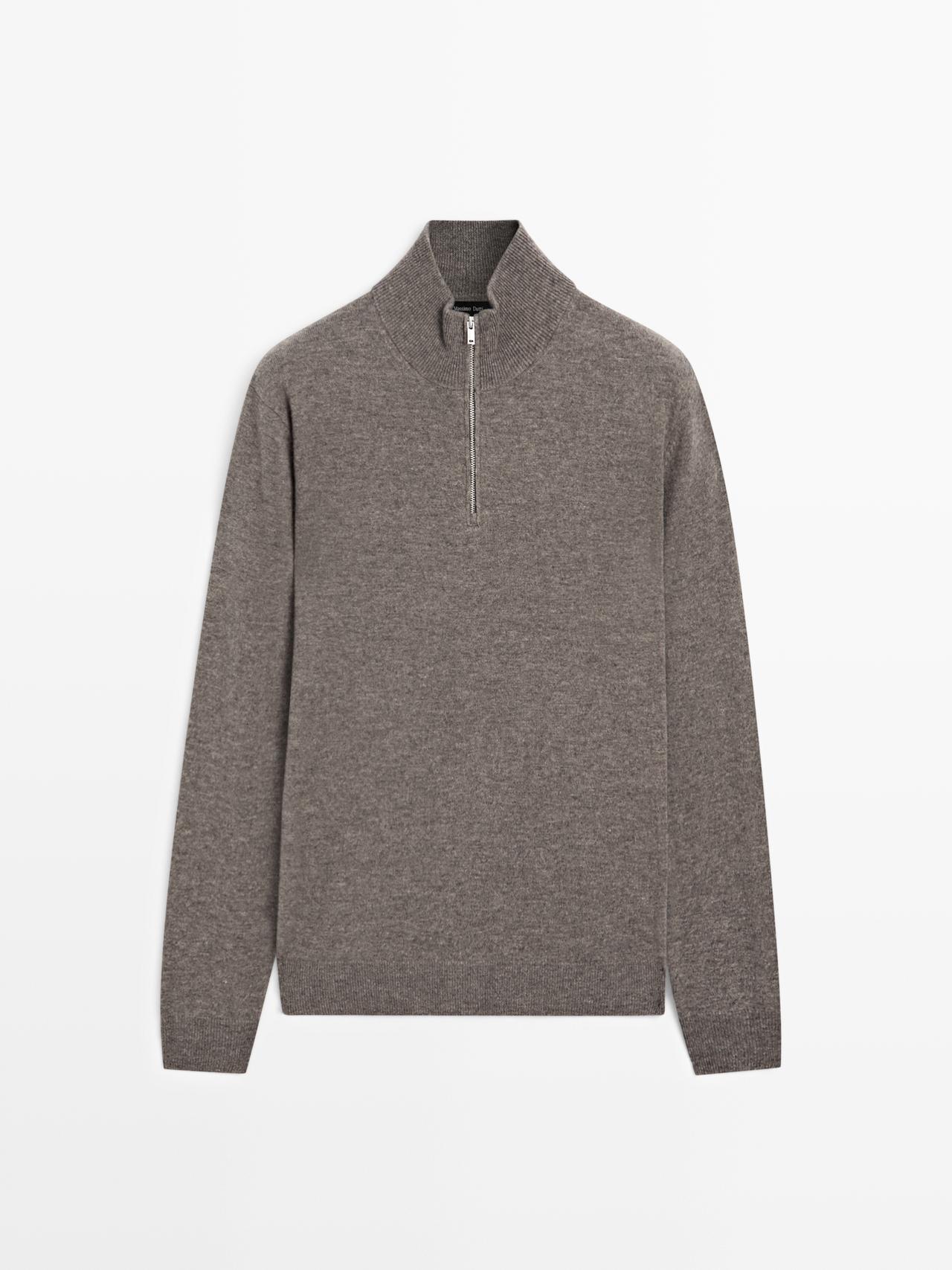 Massimo Dutti - Herre - Striktrøje Med Lynlås Og Høj Hals - Kaki - M