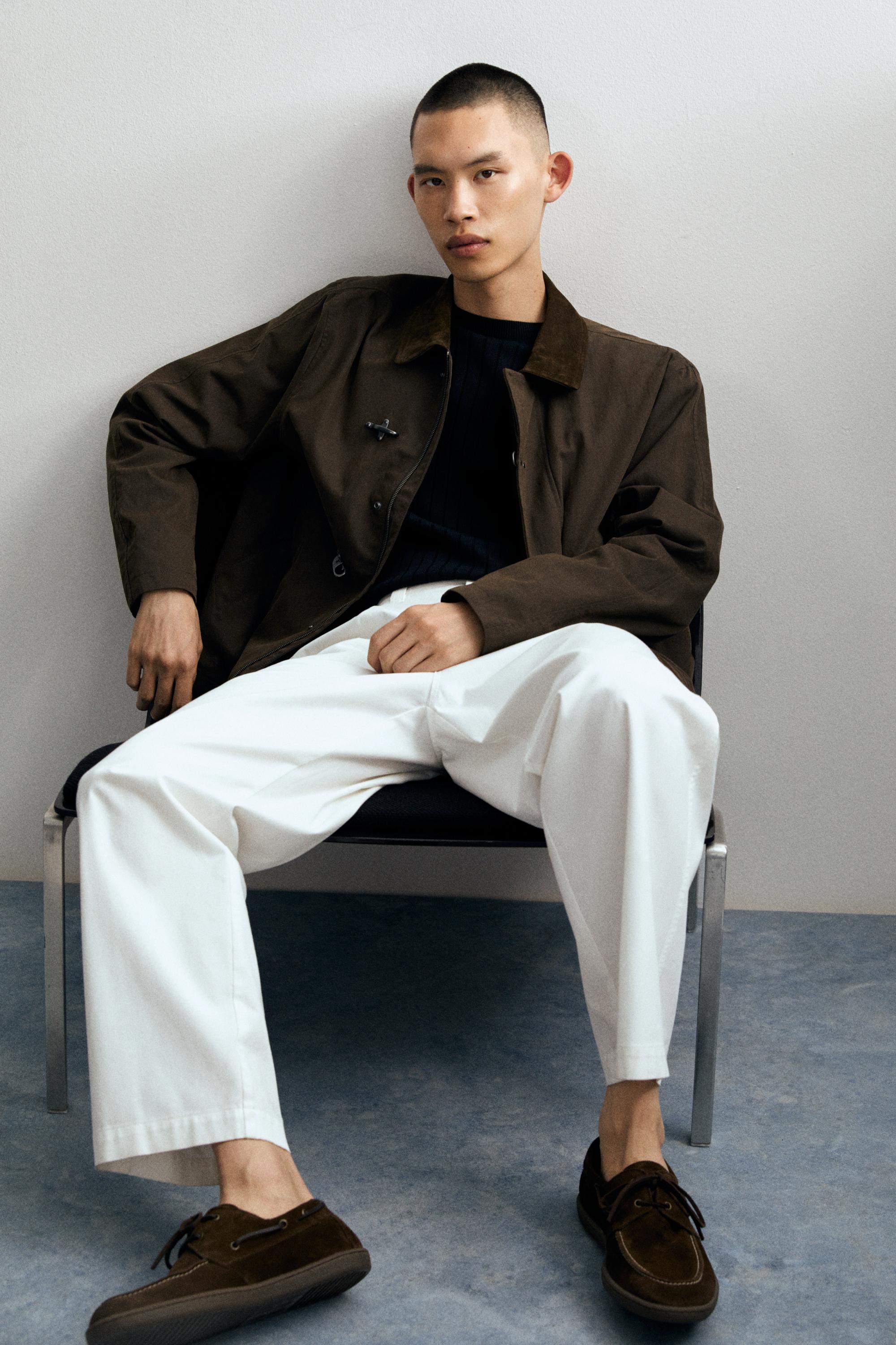 Jacket with leather collar detail — DARK KHAKI