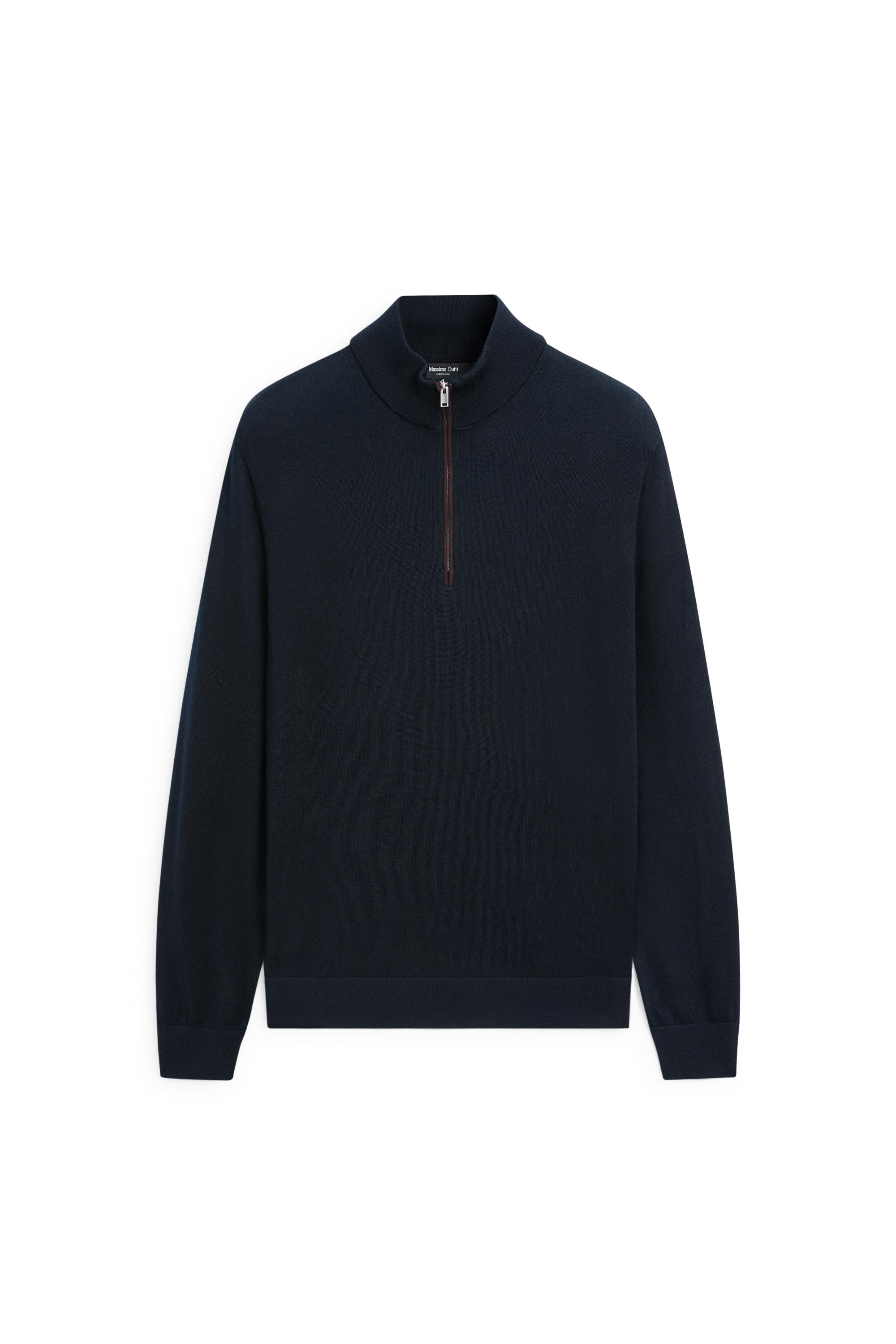 Merino wool blend mock neck knit sweater — NAVY BLUE