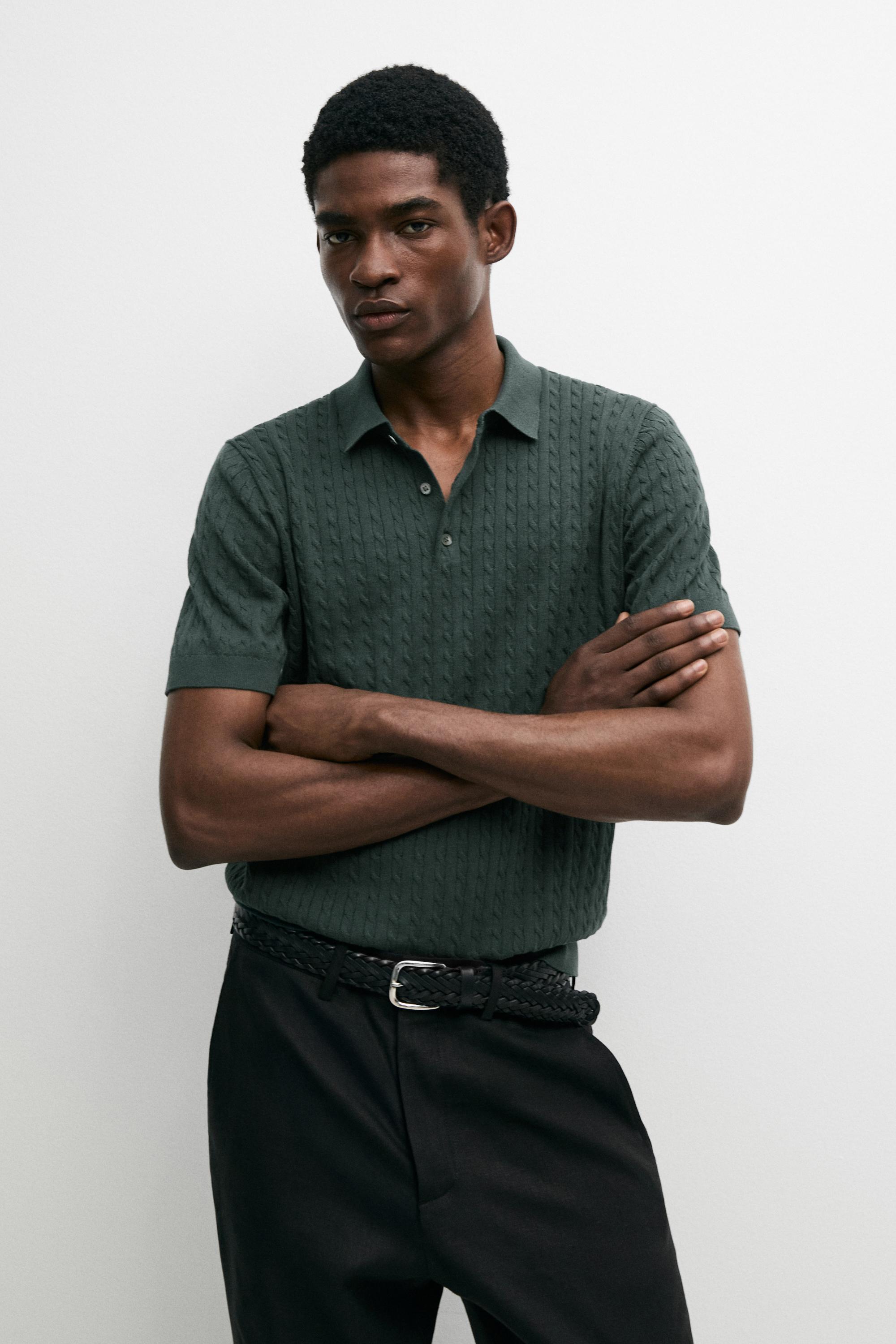 100% cotton cable-knit polo shirt — DARK BOTTLE GREEN