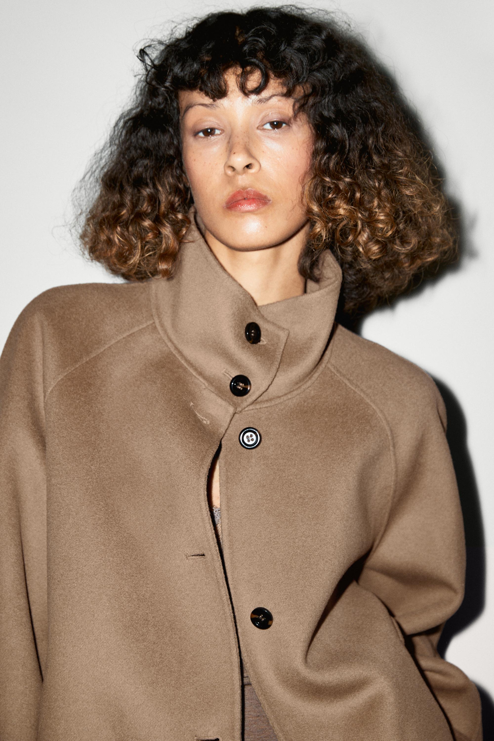 Short stand-up collar wool blend coat — Khaki