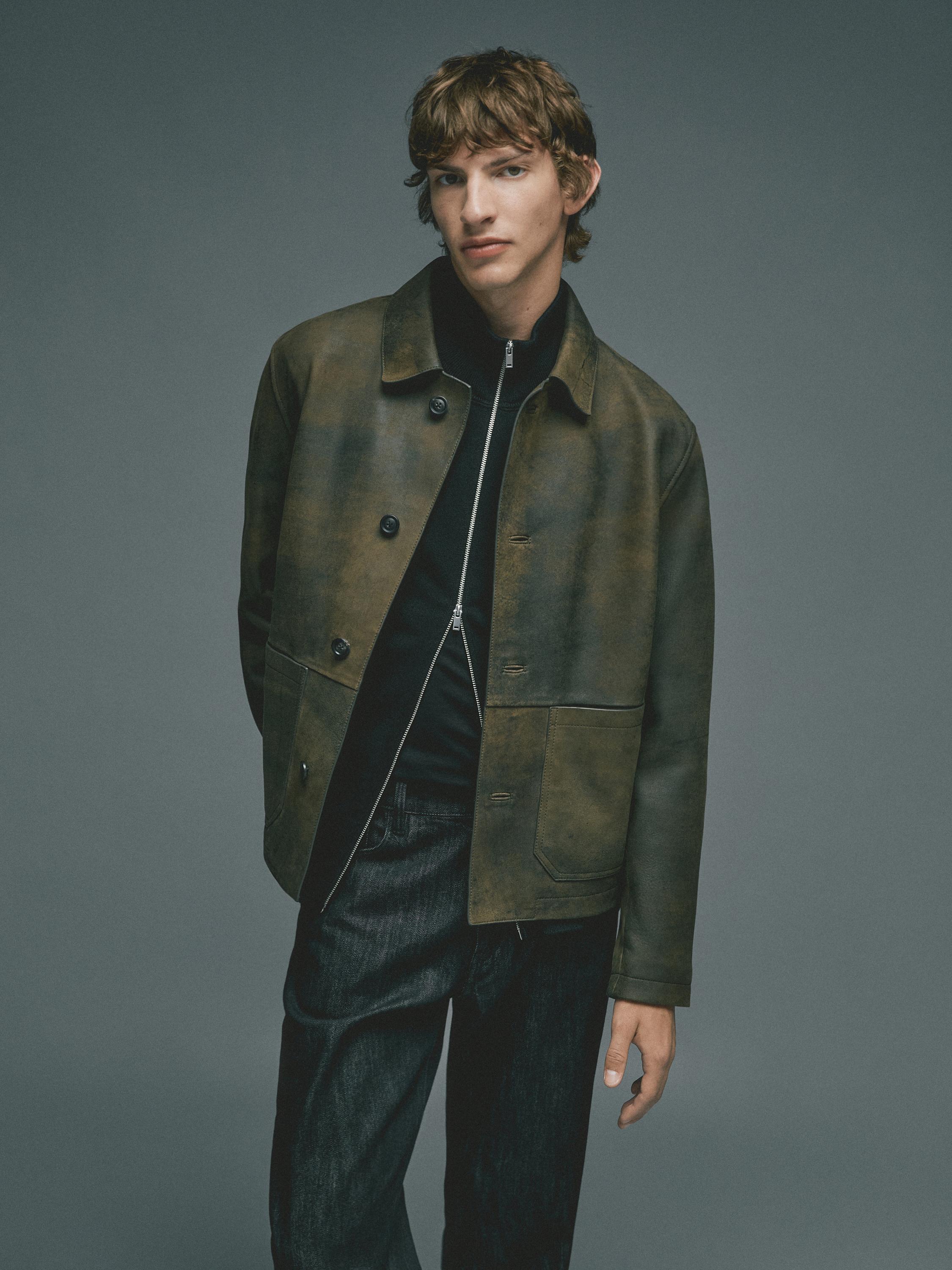 Distressed effect 100% sheepskin leather jacket