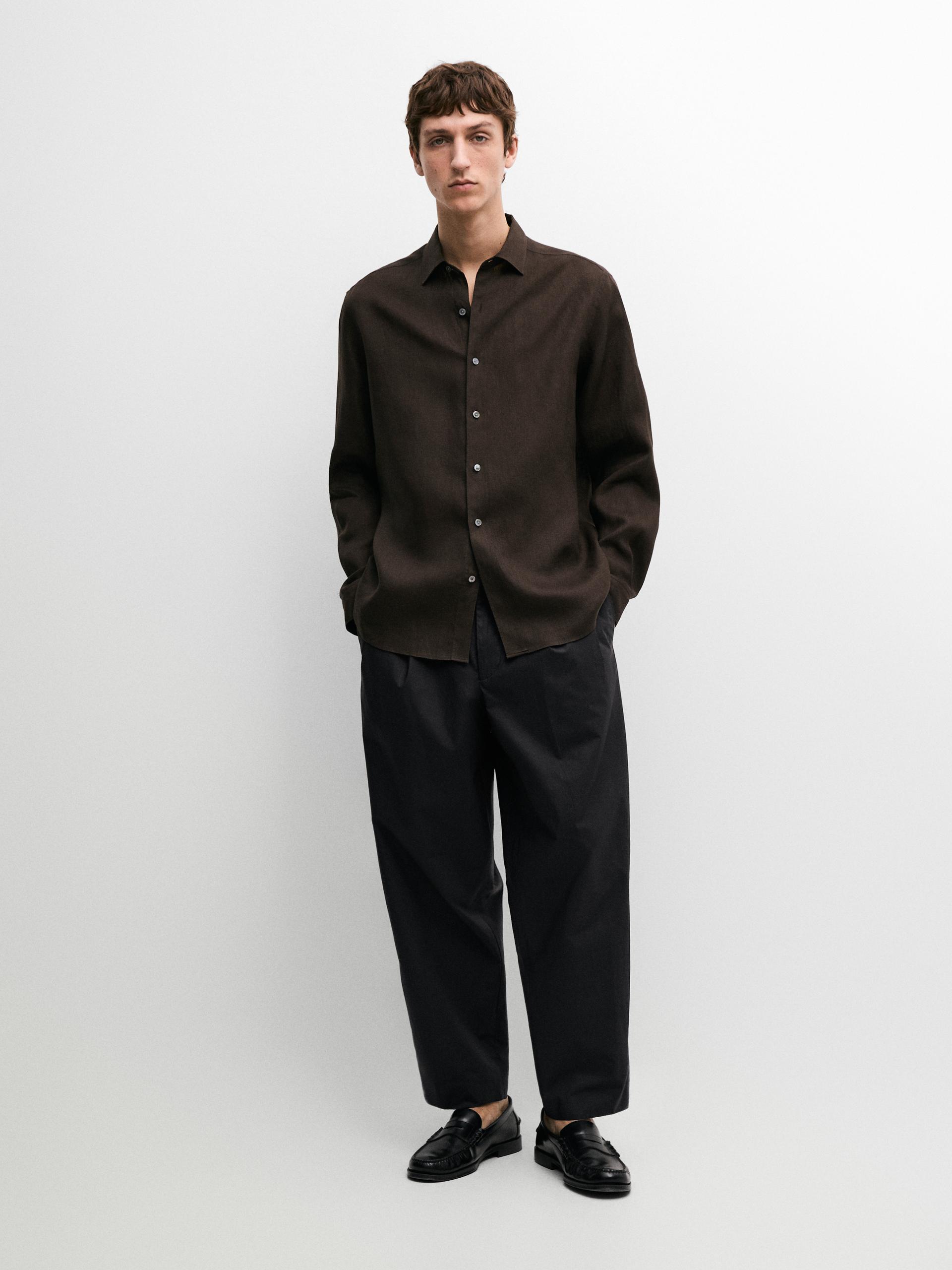 Camicia Regular Fit In Lino Extrafine - Marrone - Xl - Massimo Dutti - Maschile