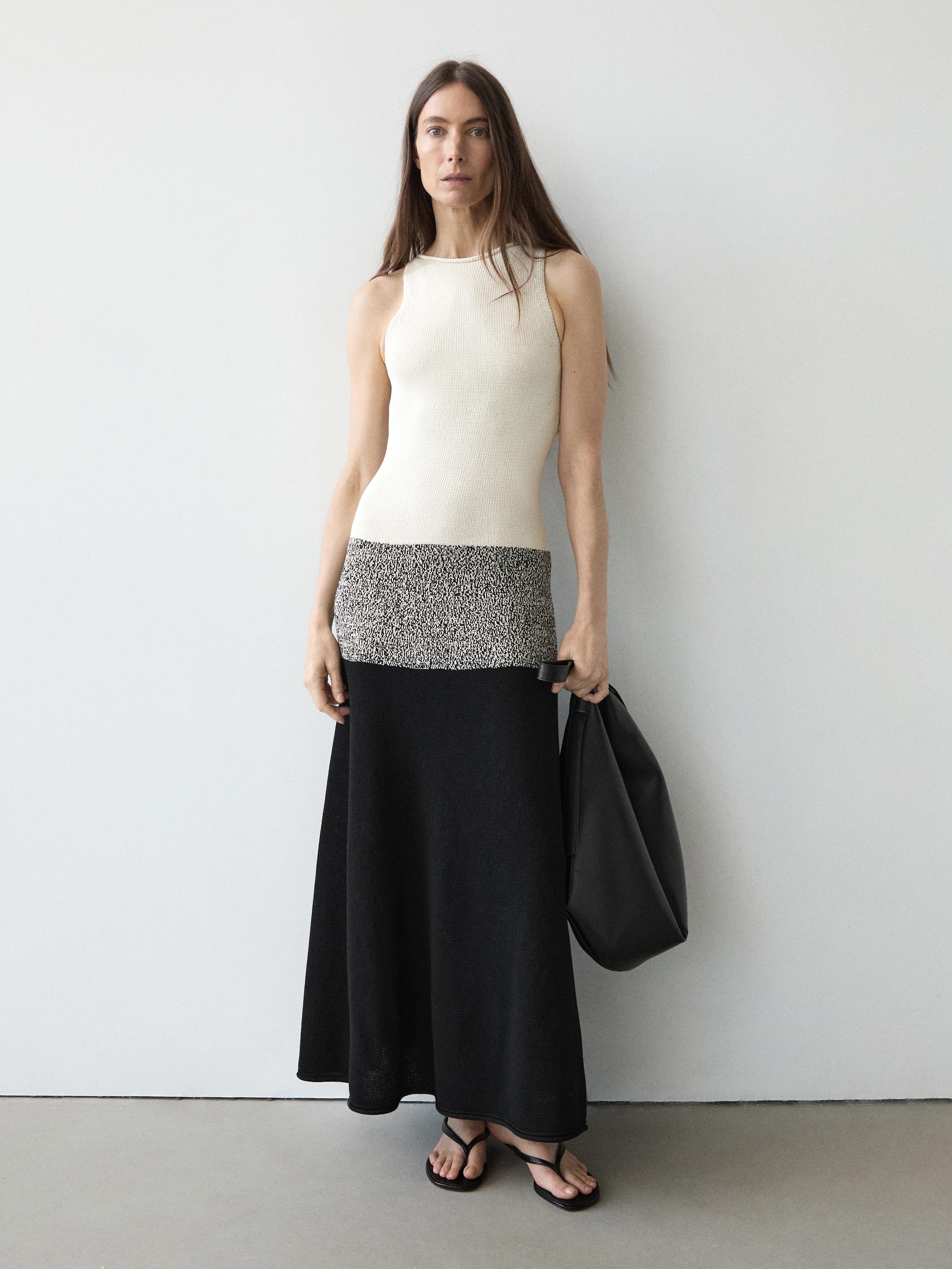 100% cotton contrast knit midi dress — BLACK