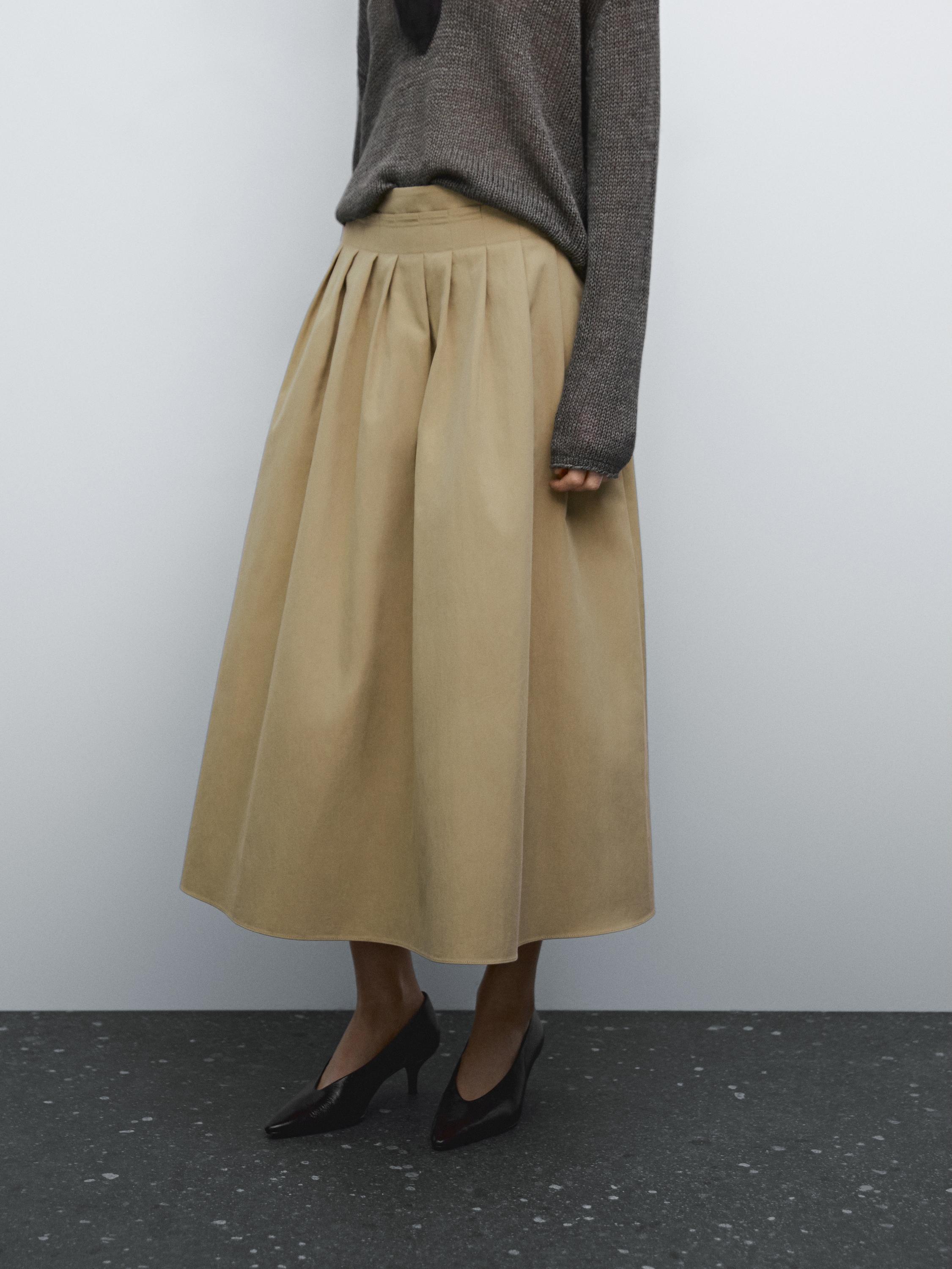 Cotton blend box pleat midi skirt