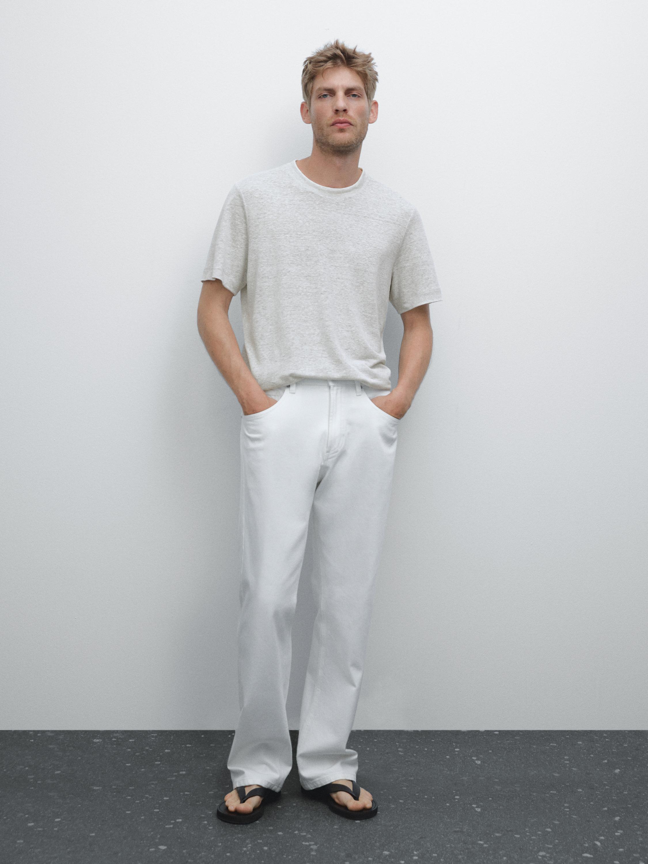 Linen blend contrast knit T-shirt