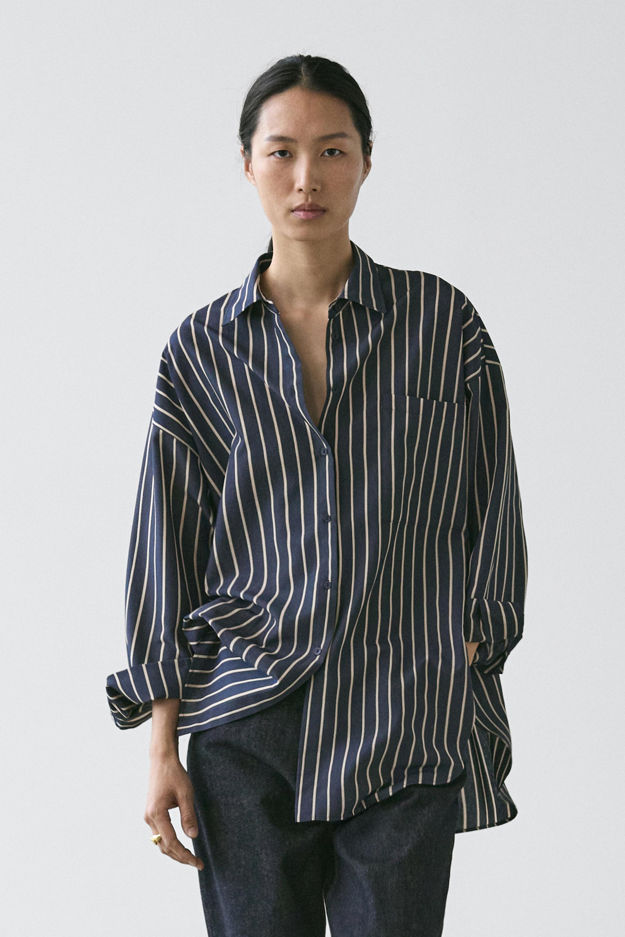 Striped flowing shirt with pocket detail — NAVY BLUE