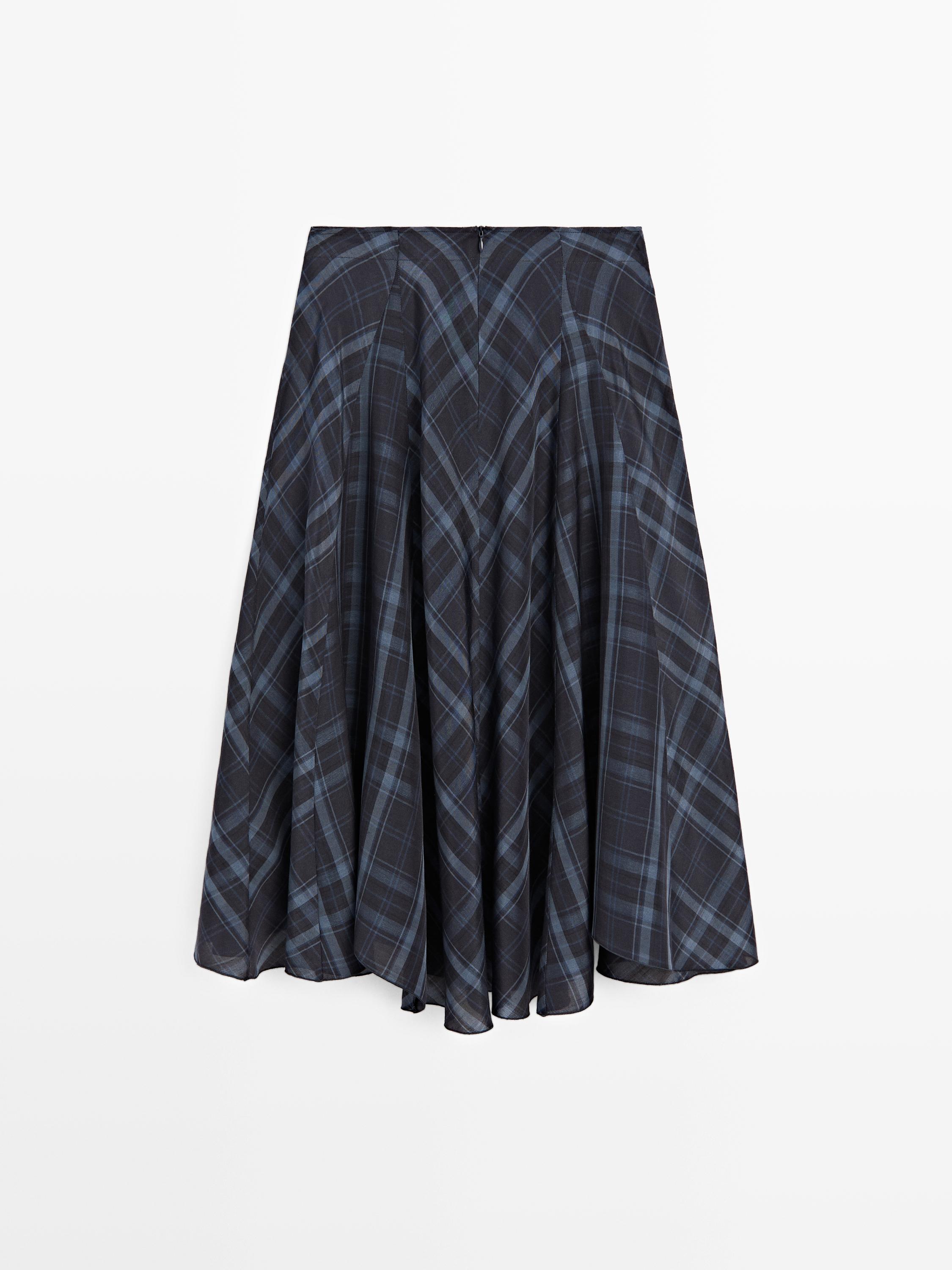 Check print flowing godet skirt — BLUE
