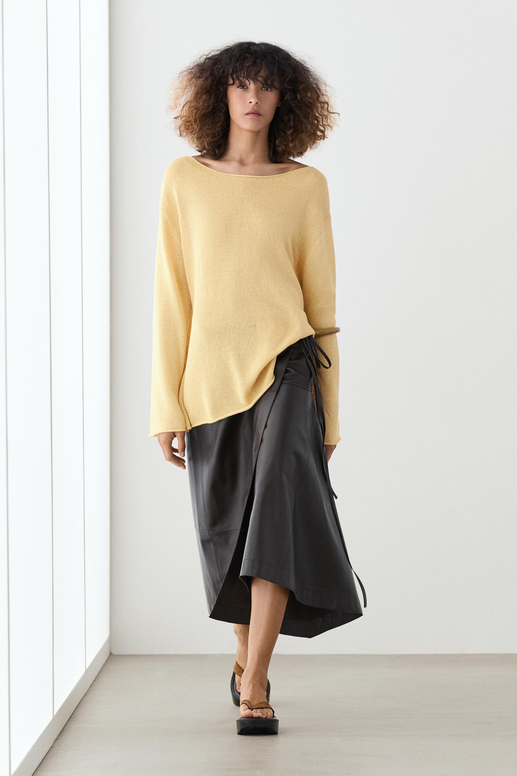 Nappa leather midi skirt with tie detail — BROWN