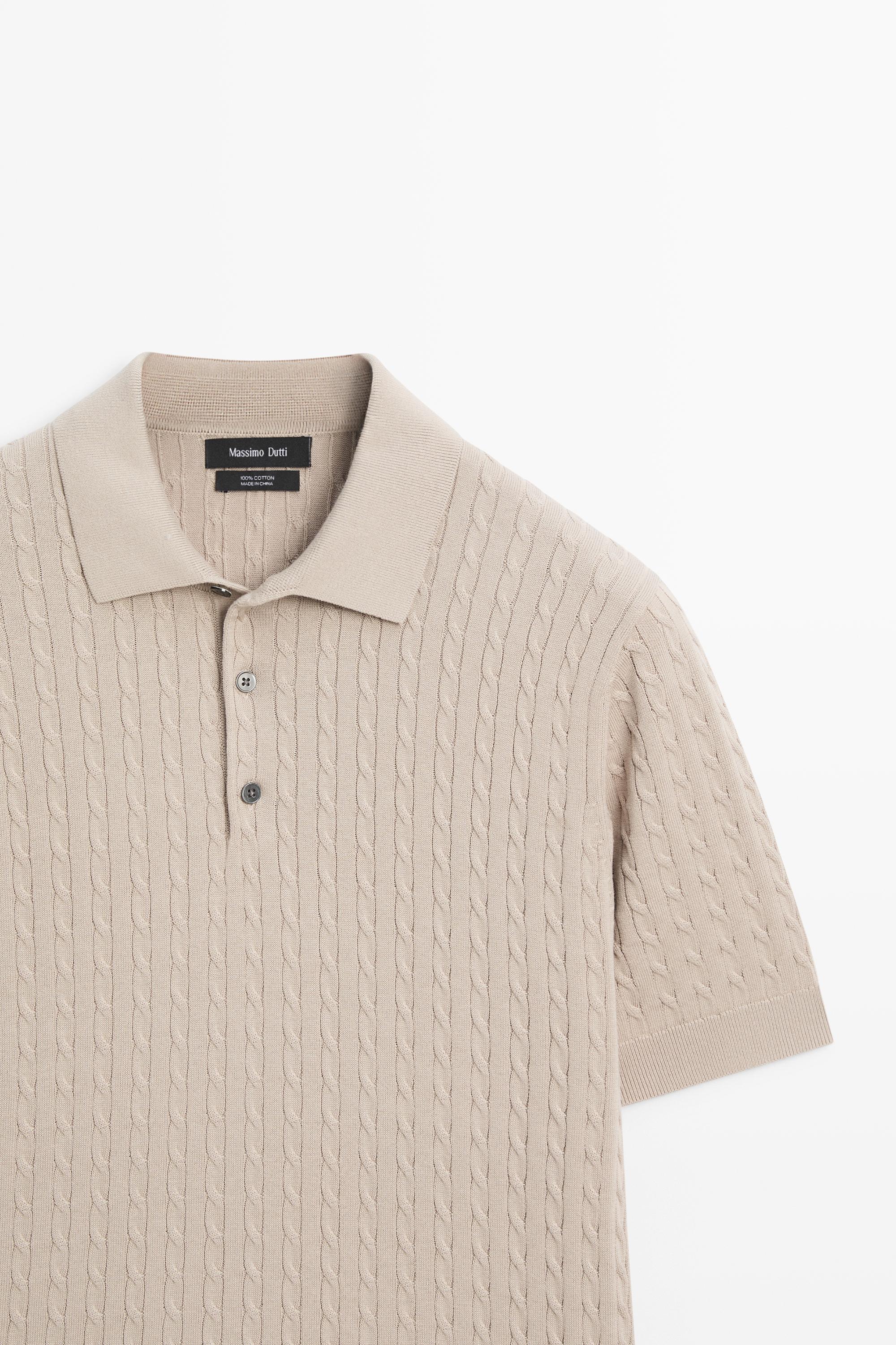 100% cotton cable-knit polo shirt — Sand beige