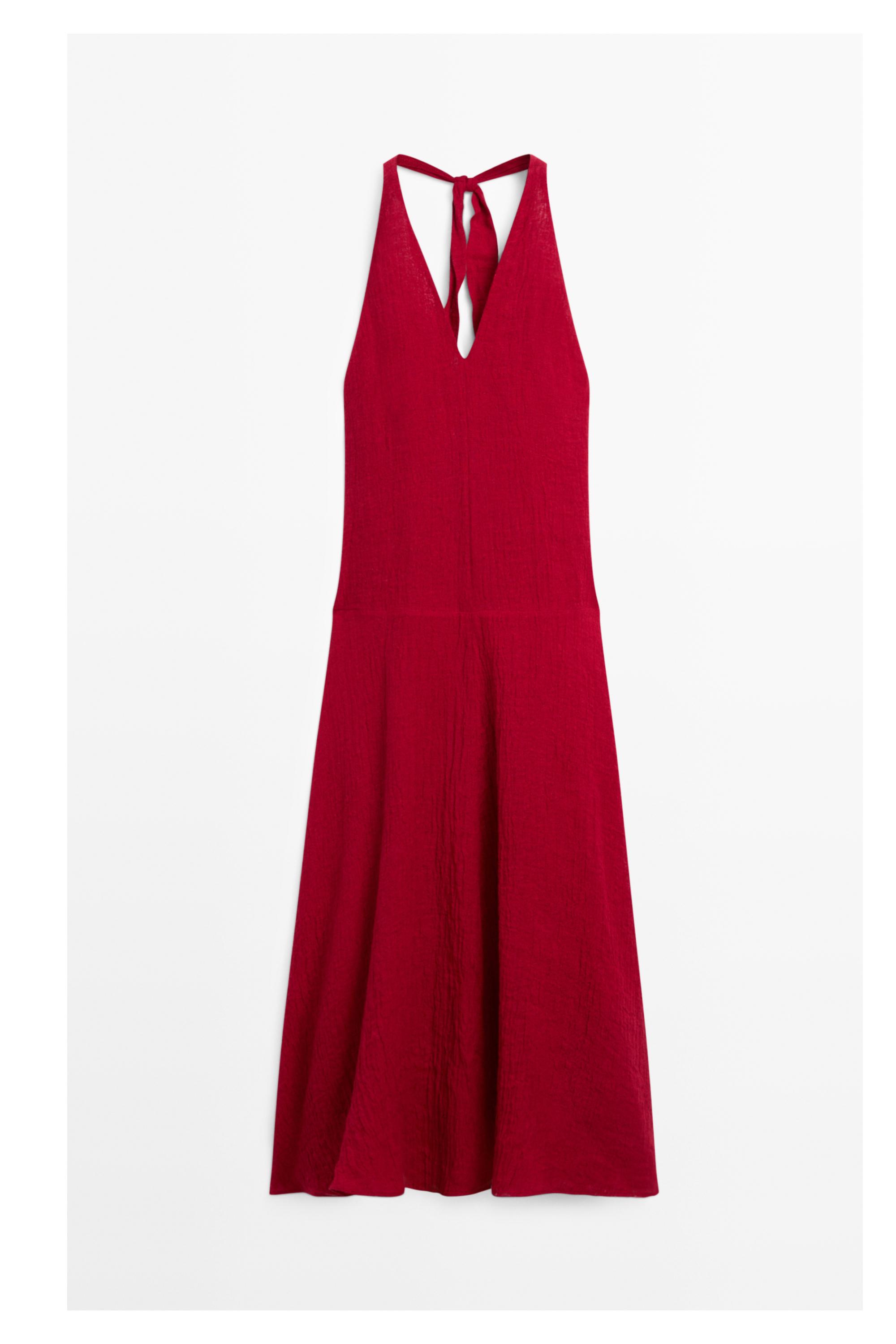 Long 100% linen dress with neckline detail — RED