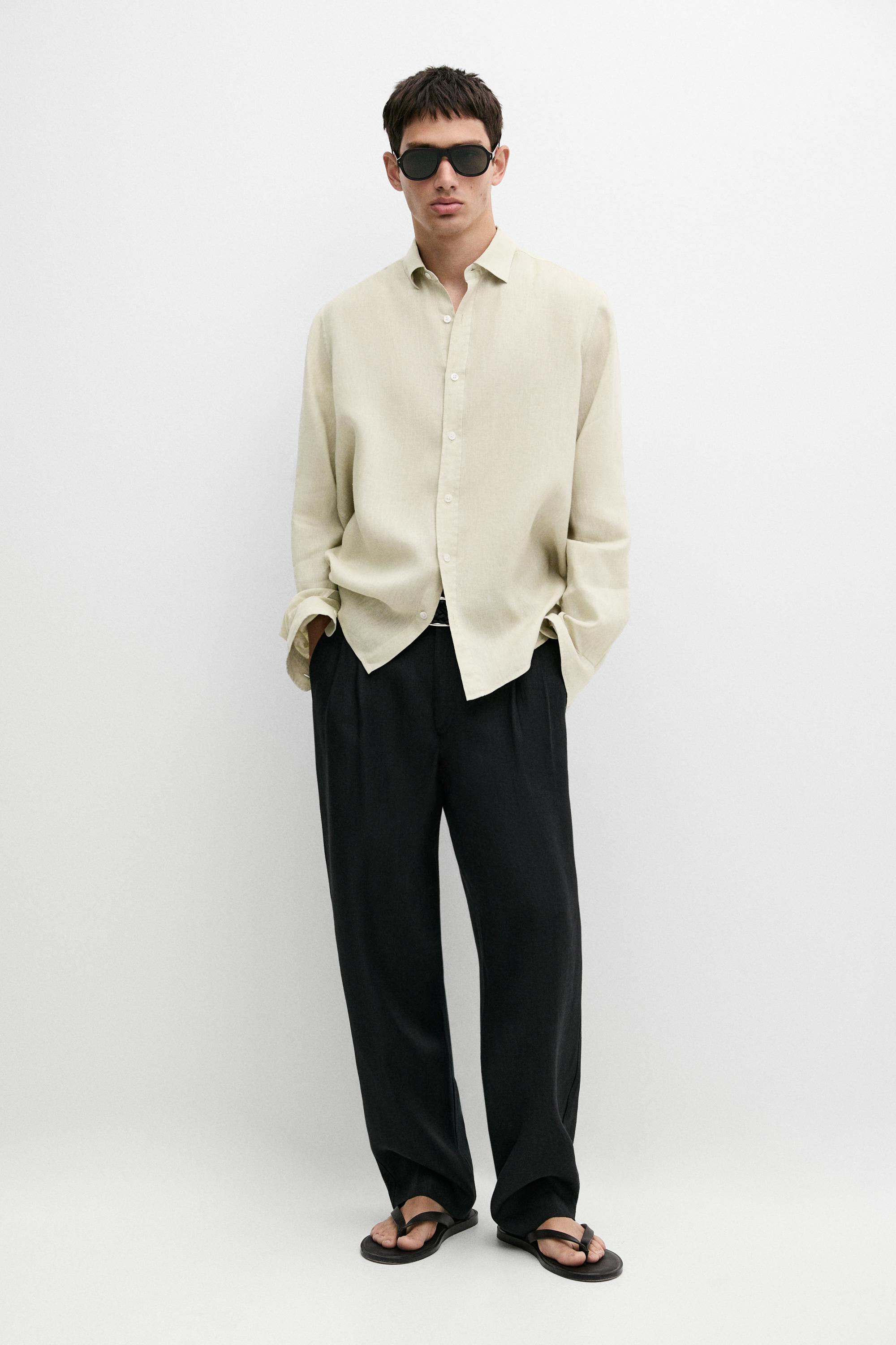 Slim fit 100% linen shirt — PALE GREEN