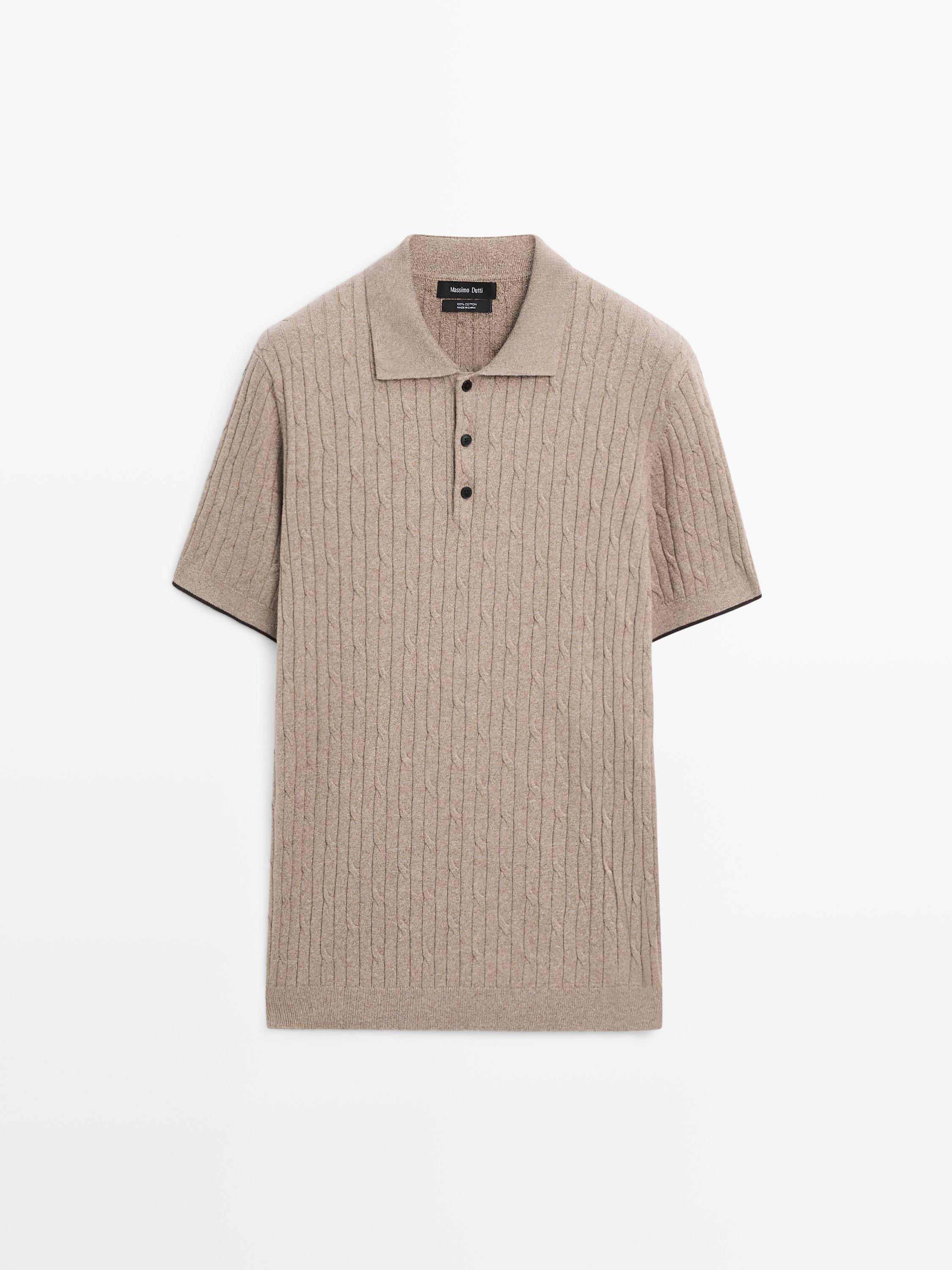 Cotton blend cable-knit polo sweater — Dark beige