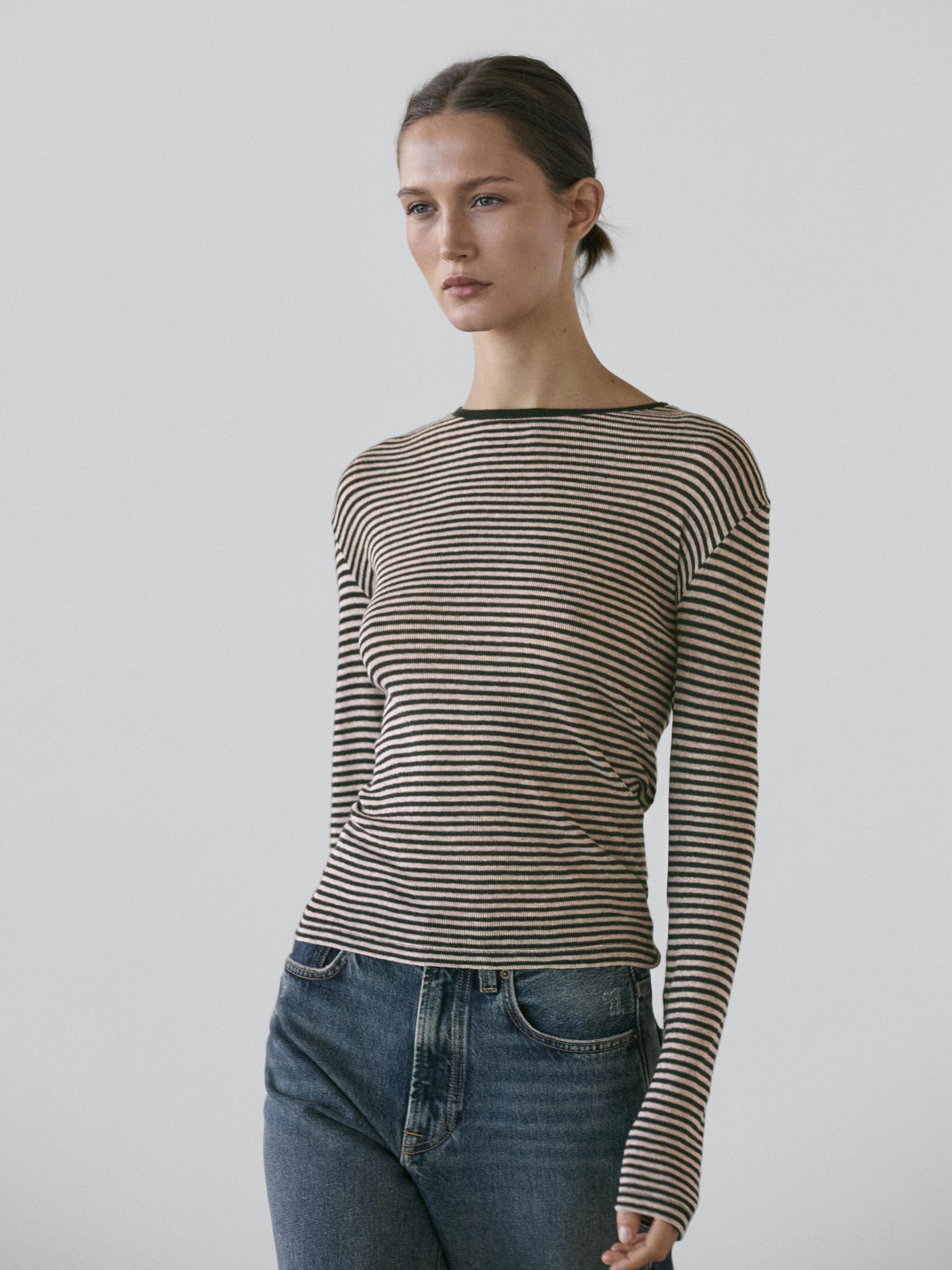 Cotton blend striped long sleeve T-shirt