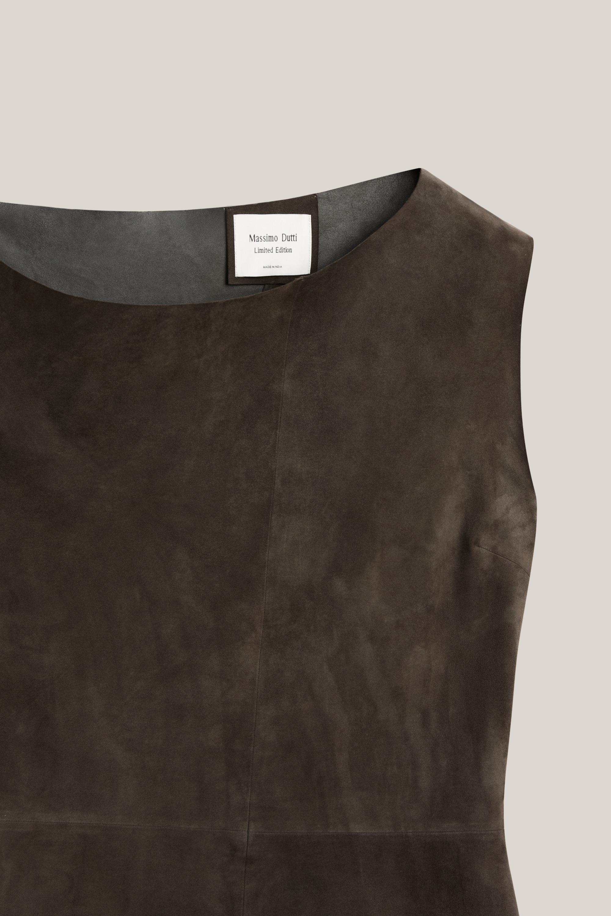 Suede leather midi dress with asymmetric neckline - LIMITED EDITION  Mole  Brown  Leather Outerwear | Massimo Dutti