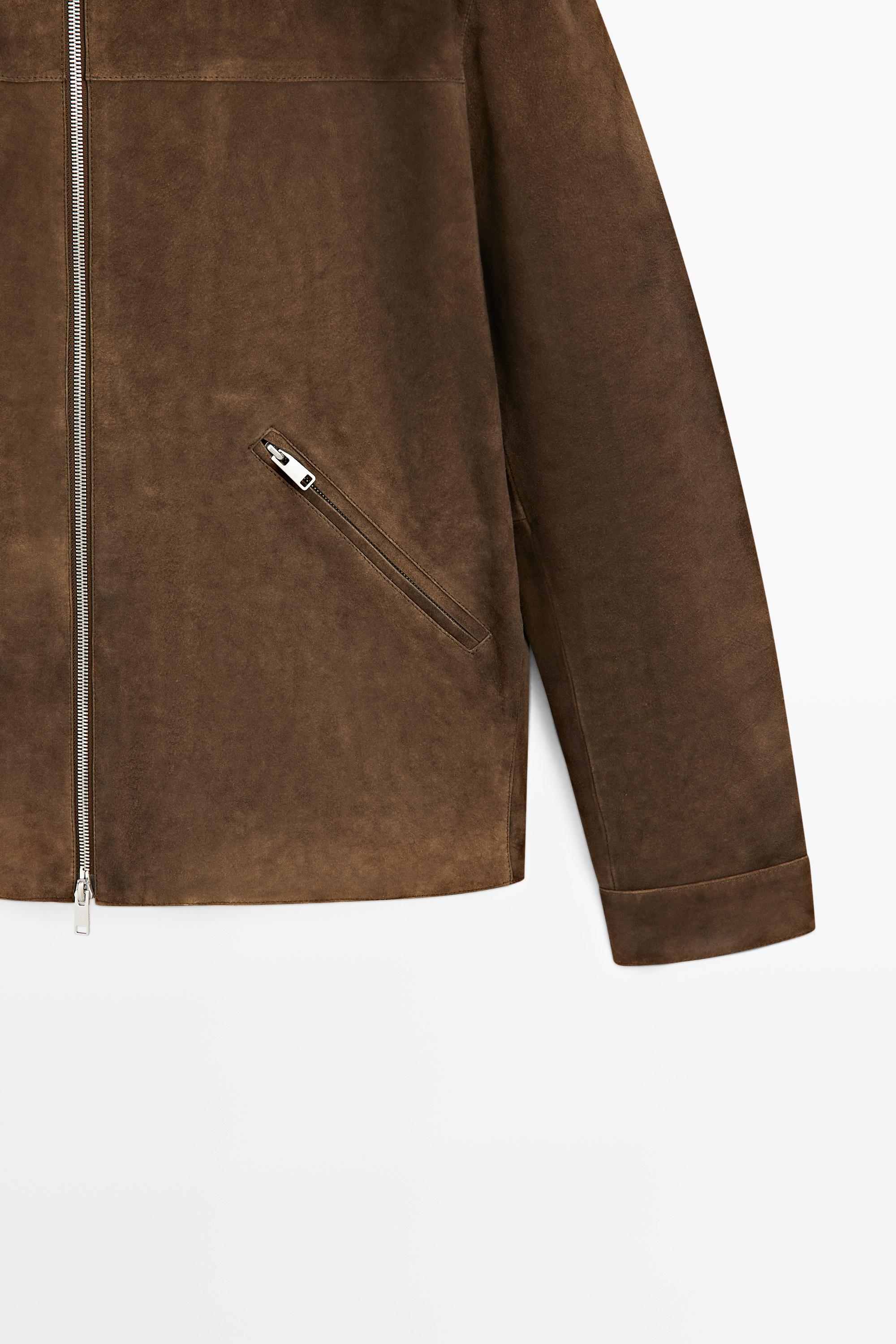 Suede leather zip-up jacket — BROWN MARL