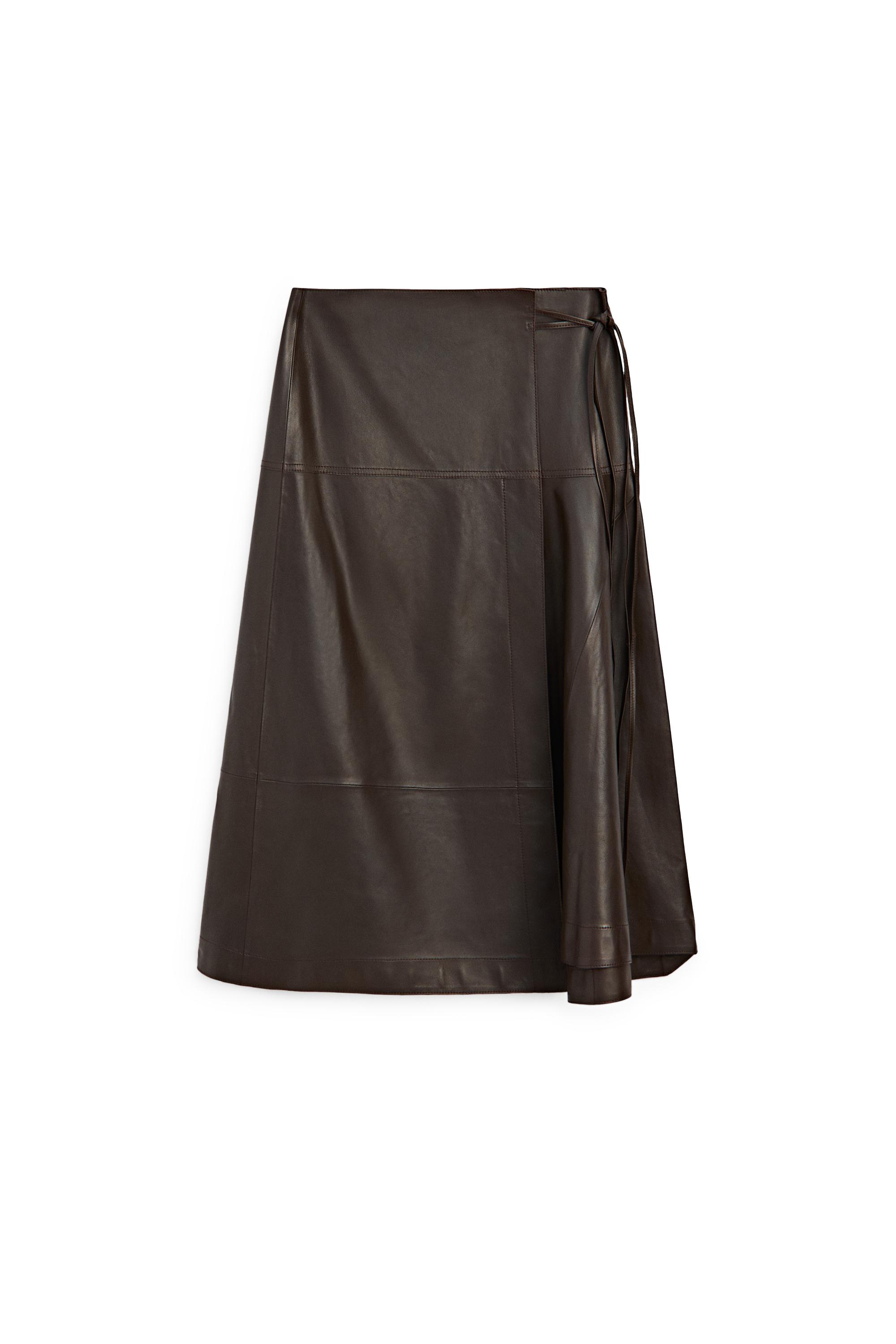 Nappa leather midi skirt with tie detail — BROWN