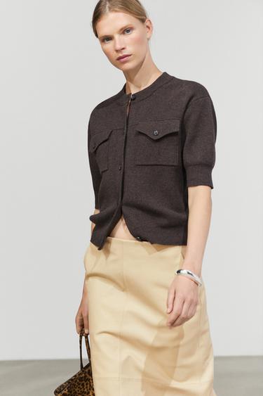 Short sleeve knit cardigan with pockets — BROWN 8