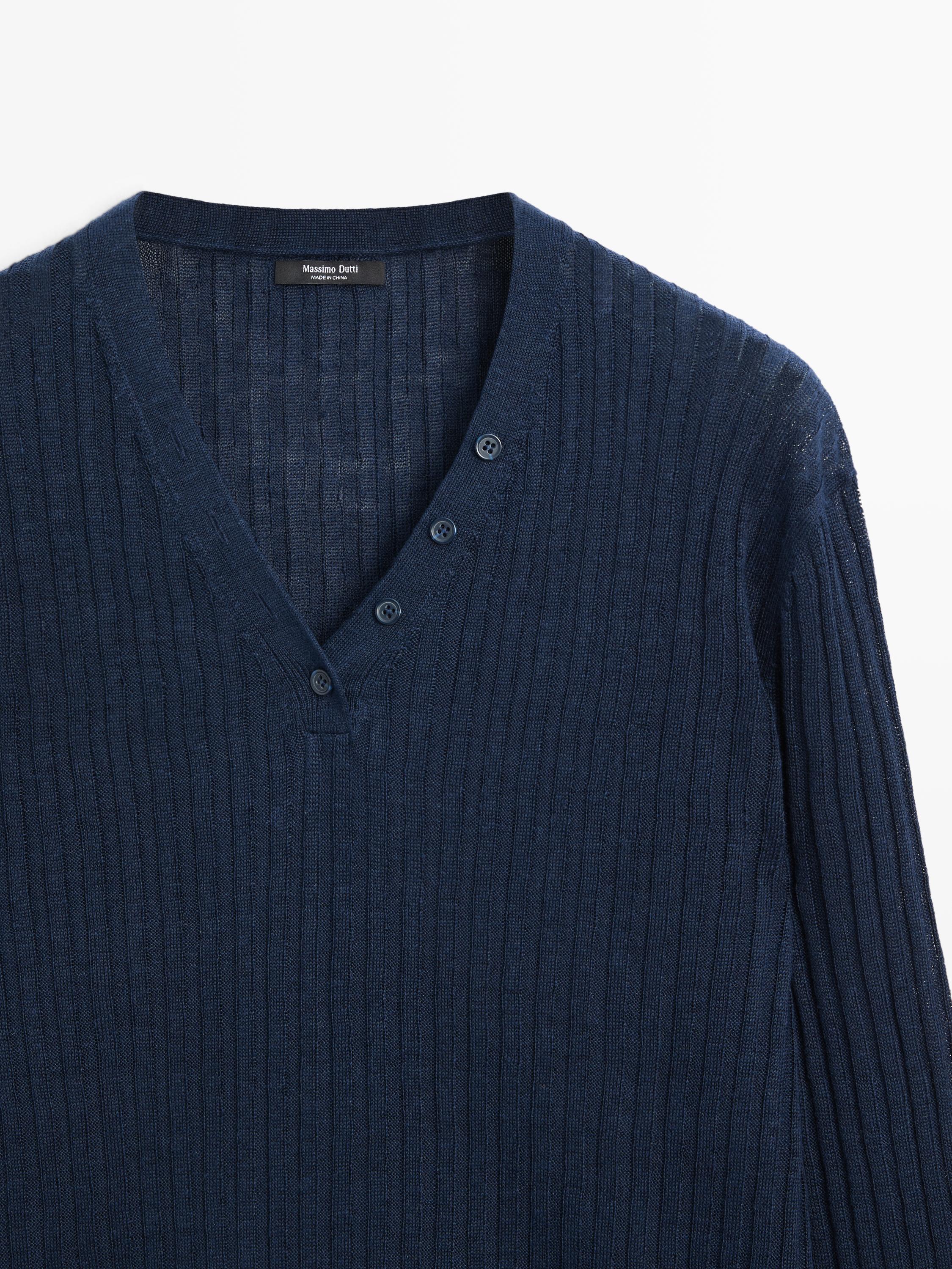 100% linen knit sweater with button details — INK BLUE