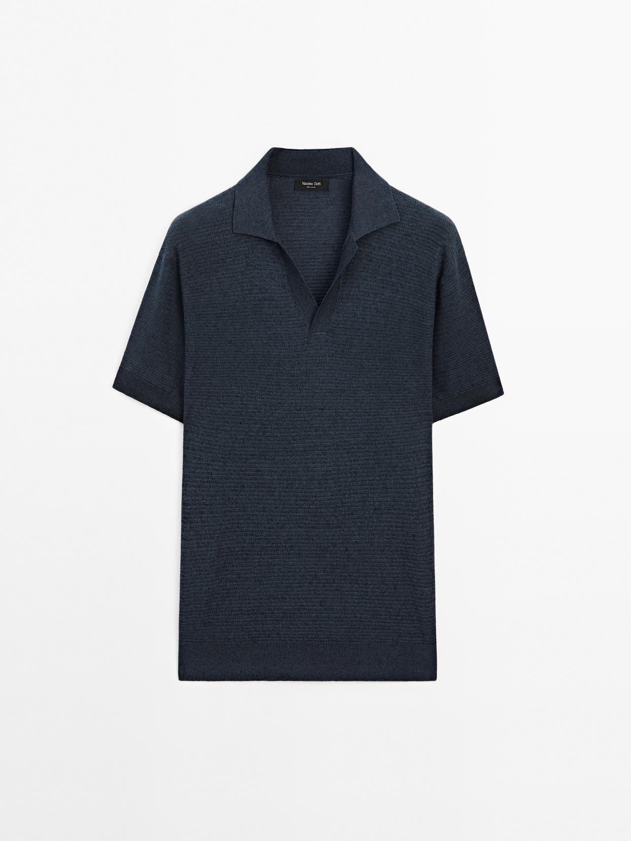 Massimo Dutti - Herre - Poloshirt I Strik Af Hør Og Bomuld - Marineblå - L