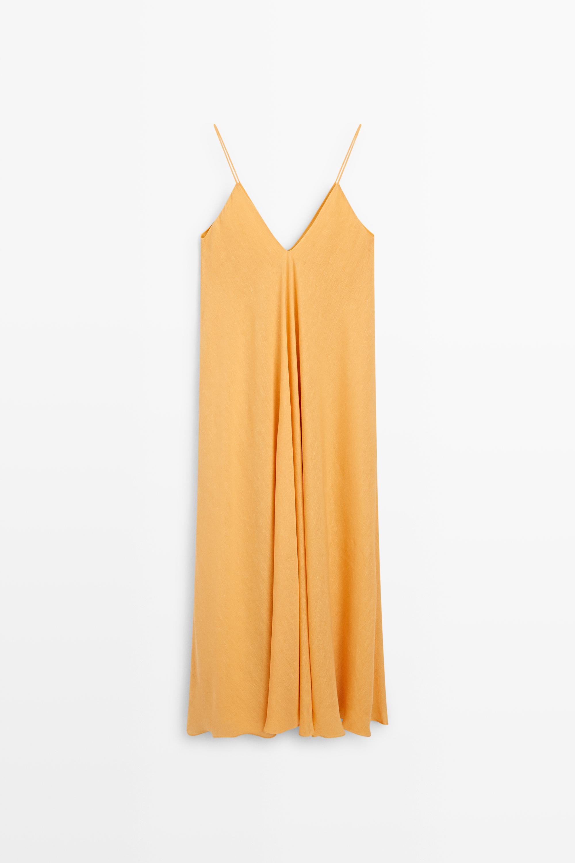 Linen blend flowing V-neck dress — YELLOW