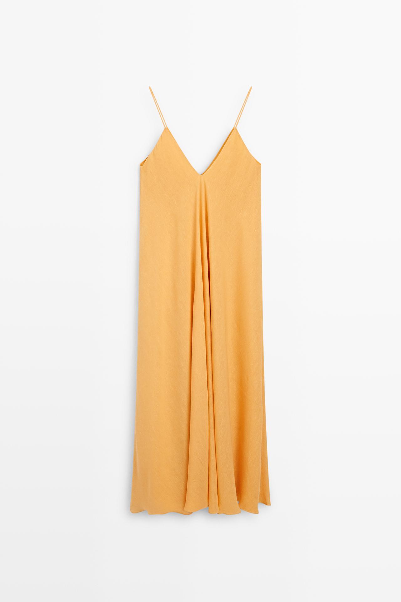 Linen blend flowing V-neck dress — YELLOW