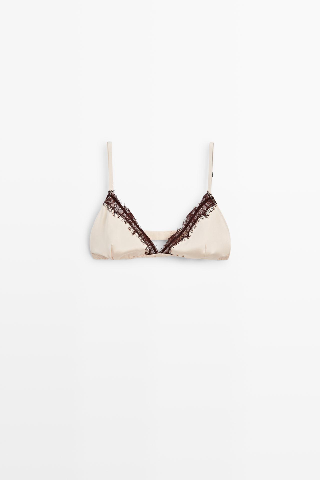 Silk blend lace triangle bra — BROWN