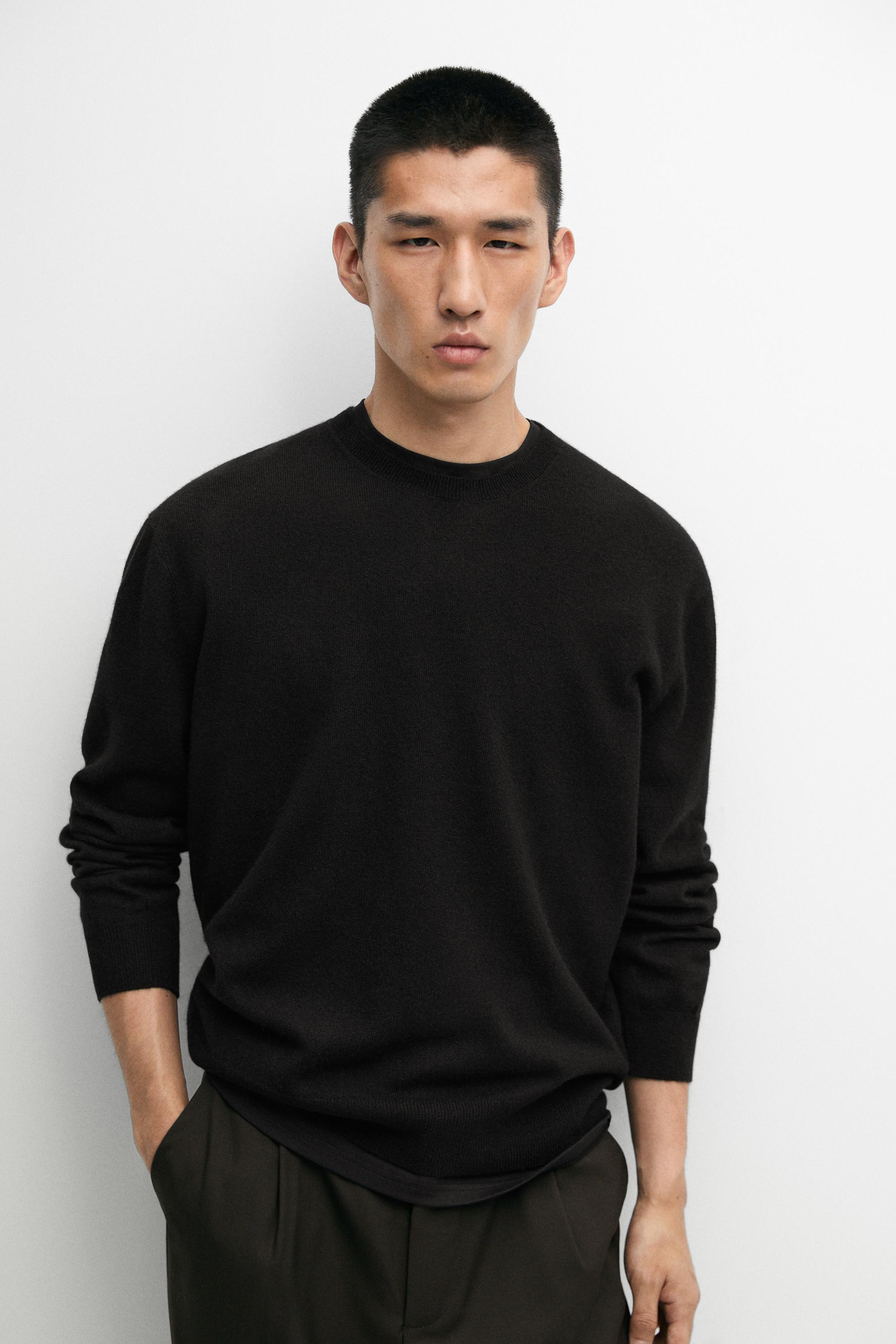 100% cashmere ribbed knit sweater — BLACK