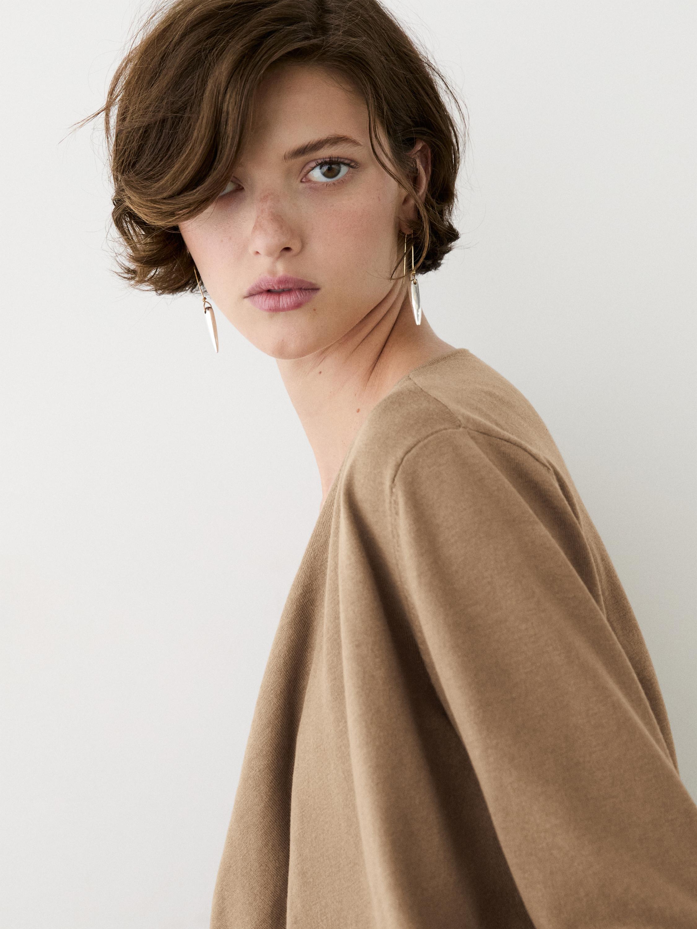 Draped neckline cotton sweater — CAMEL