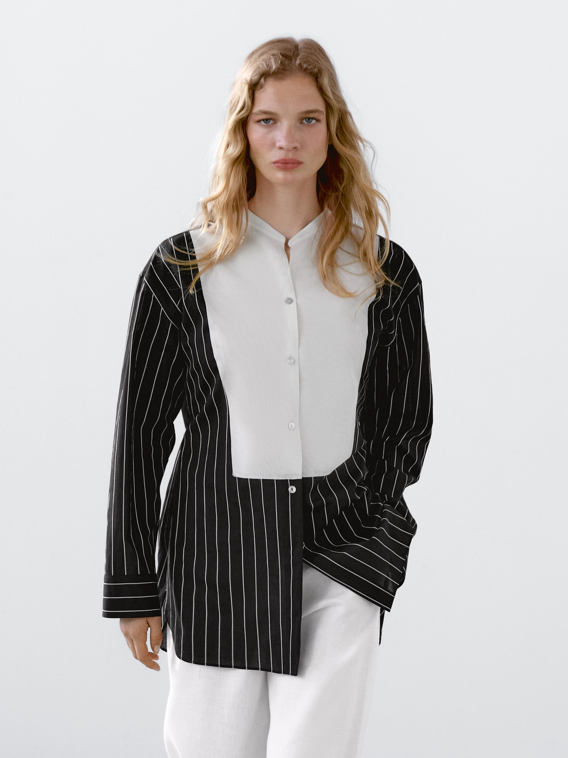 Chemisier plastron à rayures en coton mélangé
