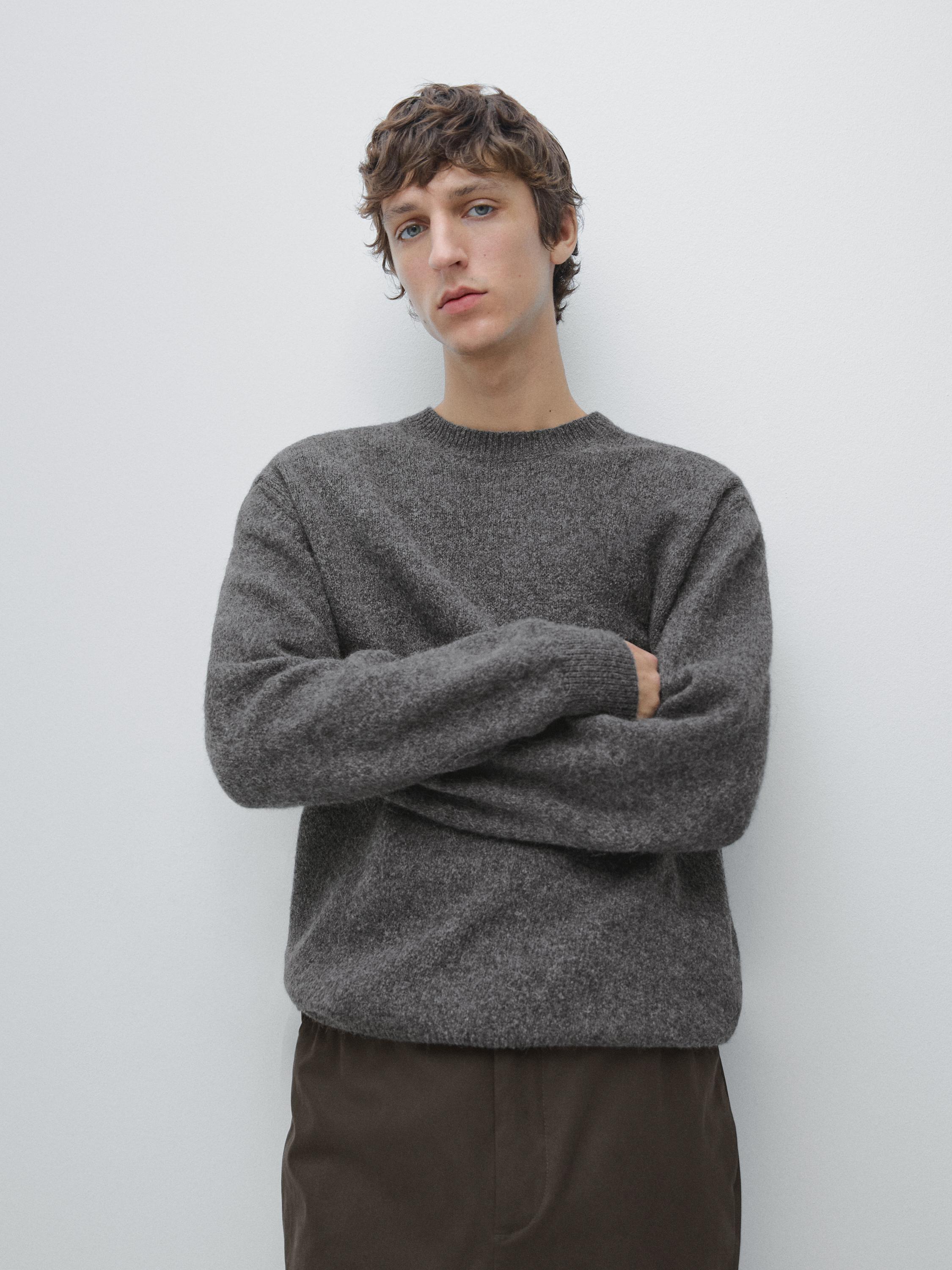 Knit cotton and wool sweater with crew neck