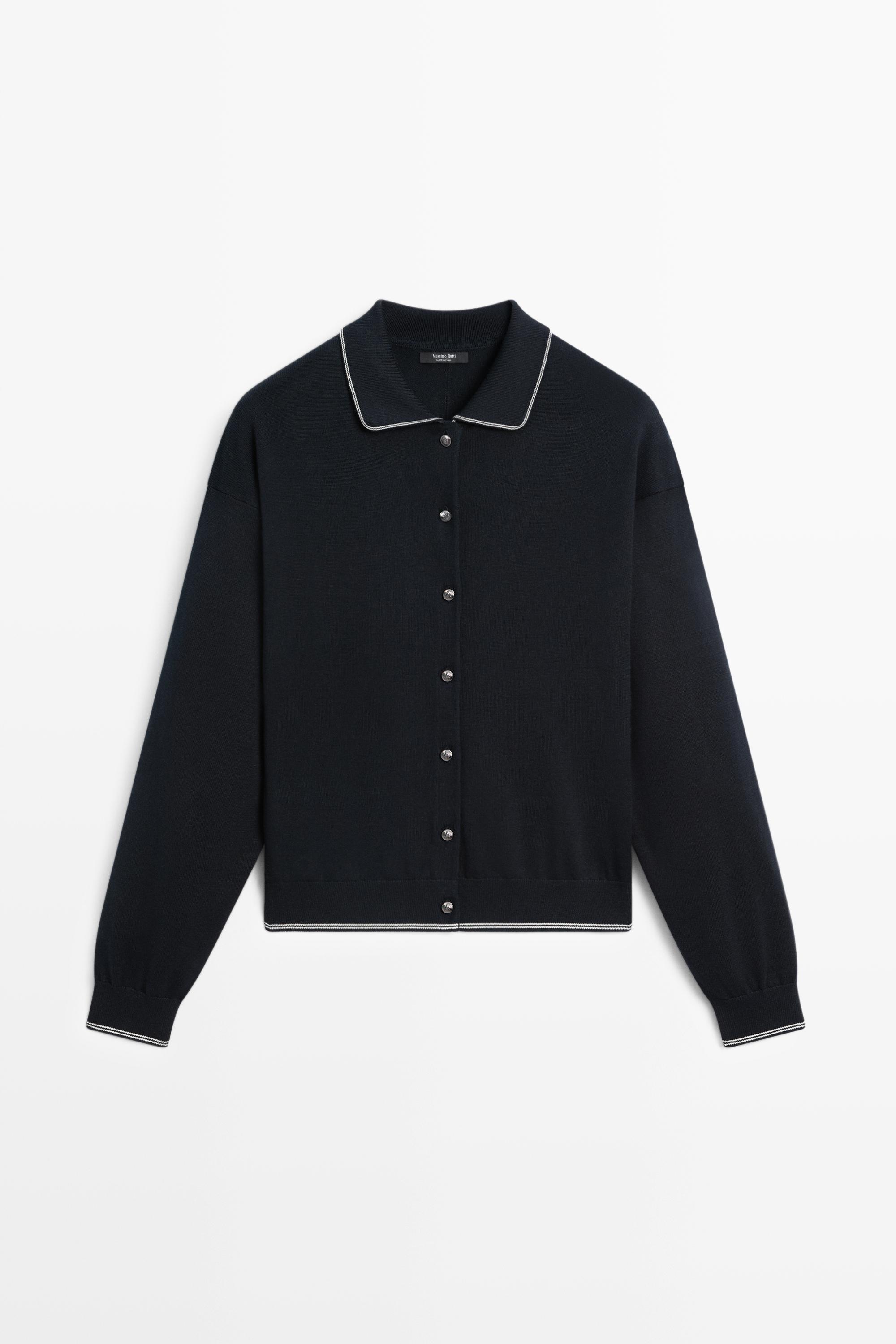 100% cotton contrast polo collar cardigan — NAVY BLUE
