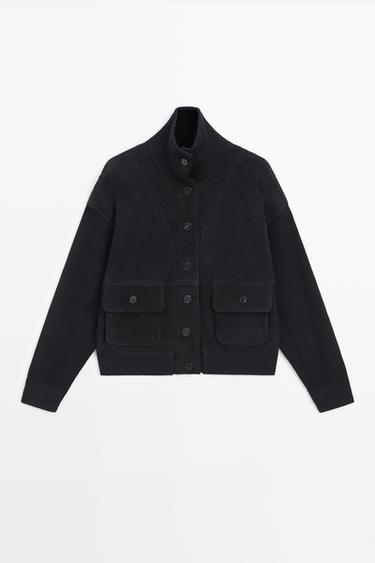 Contrast Suede leather jacket — NAVY BLUE 2