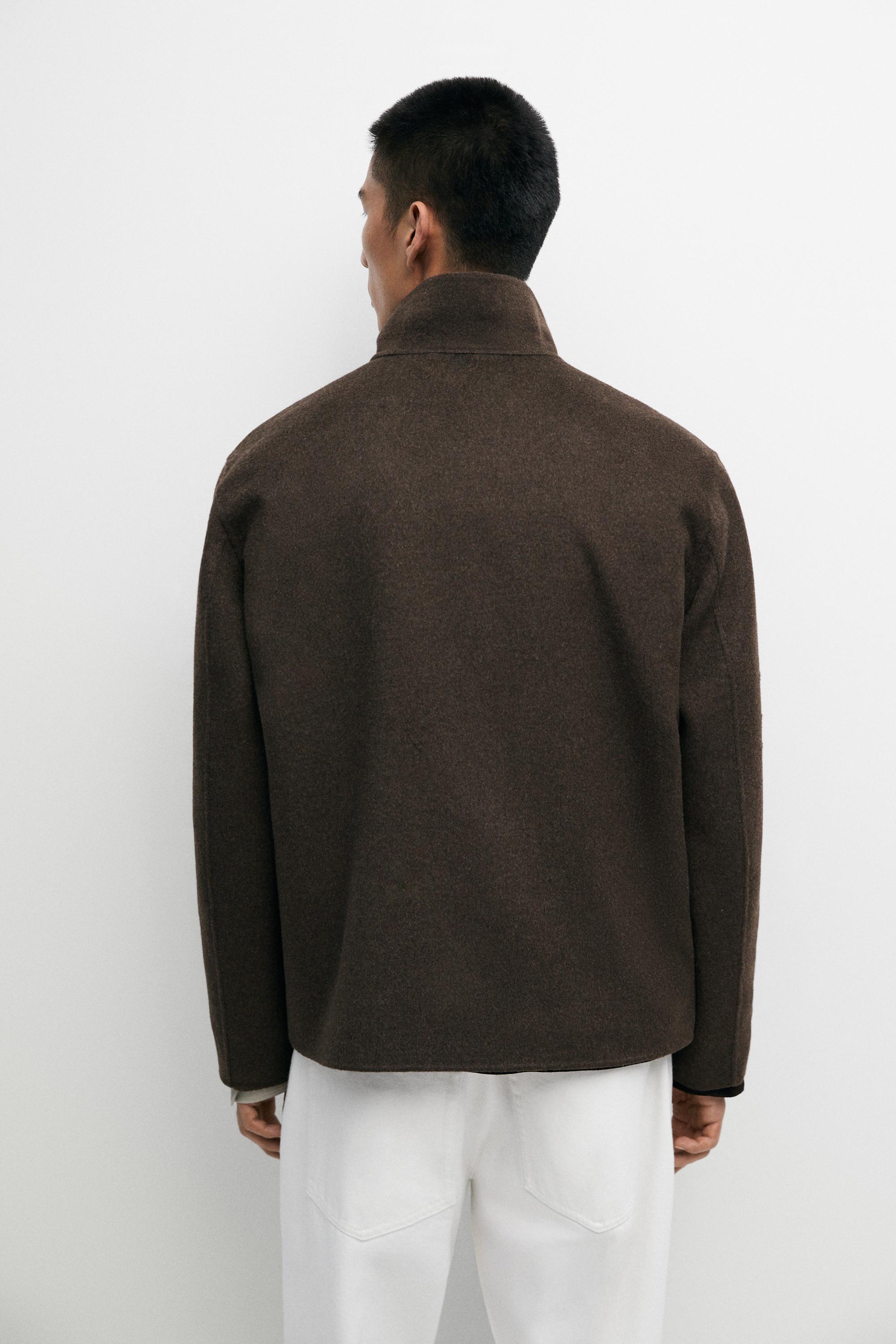 Wool blend double-fabric jacket with stand collar — BROWN