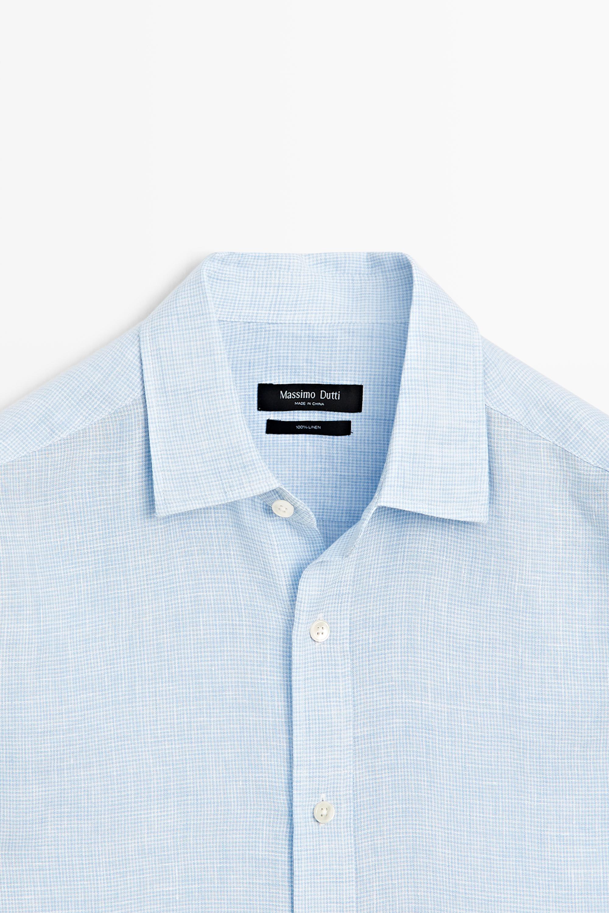100% linen regular fit check shirt — Sky blue