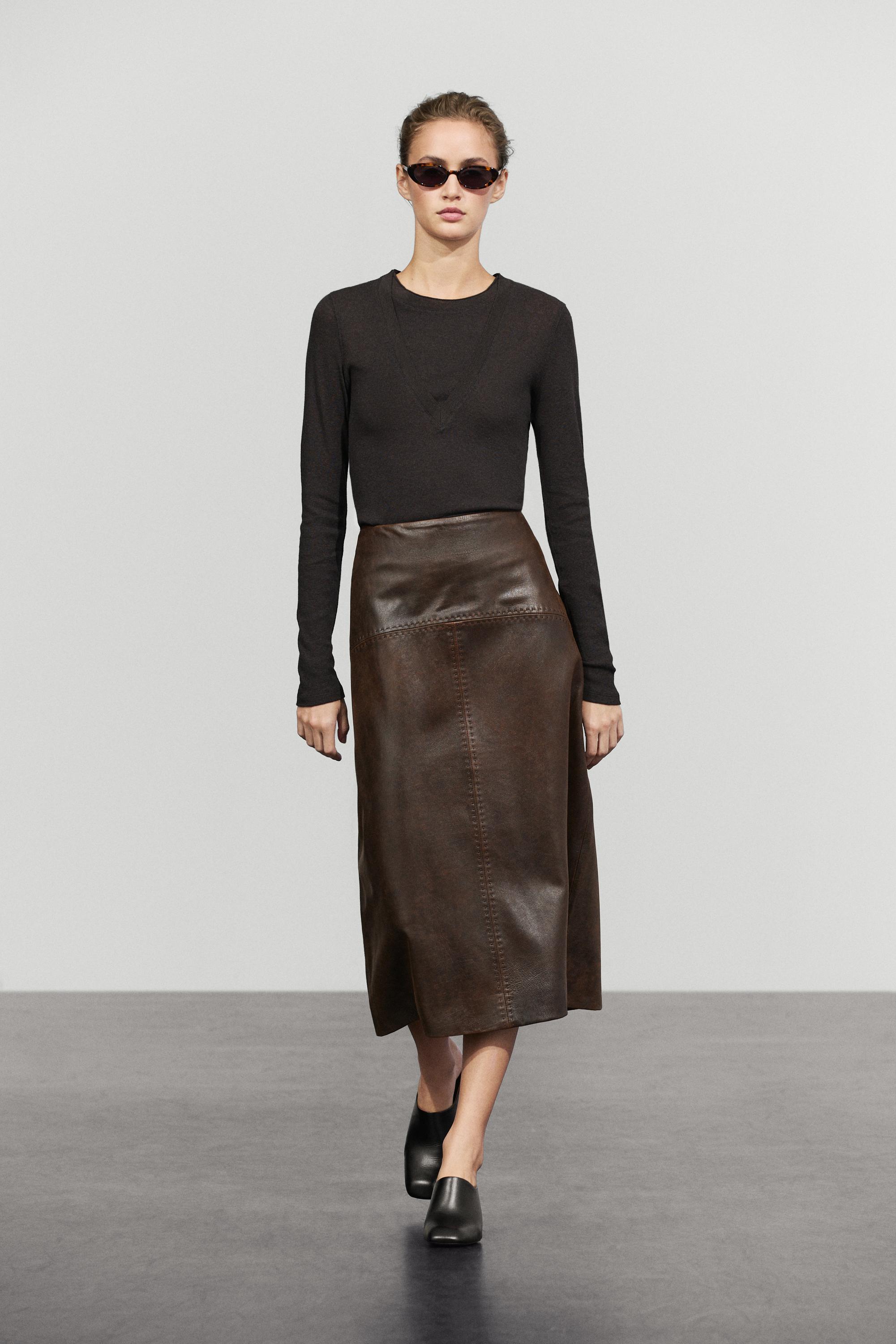 Gonna Midi Dritta Con Cuciture In Pelle Nappa - Marrone - S - Massimo Dutti - Female