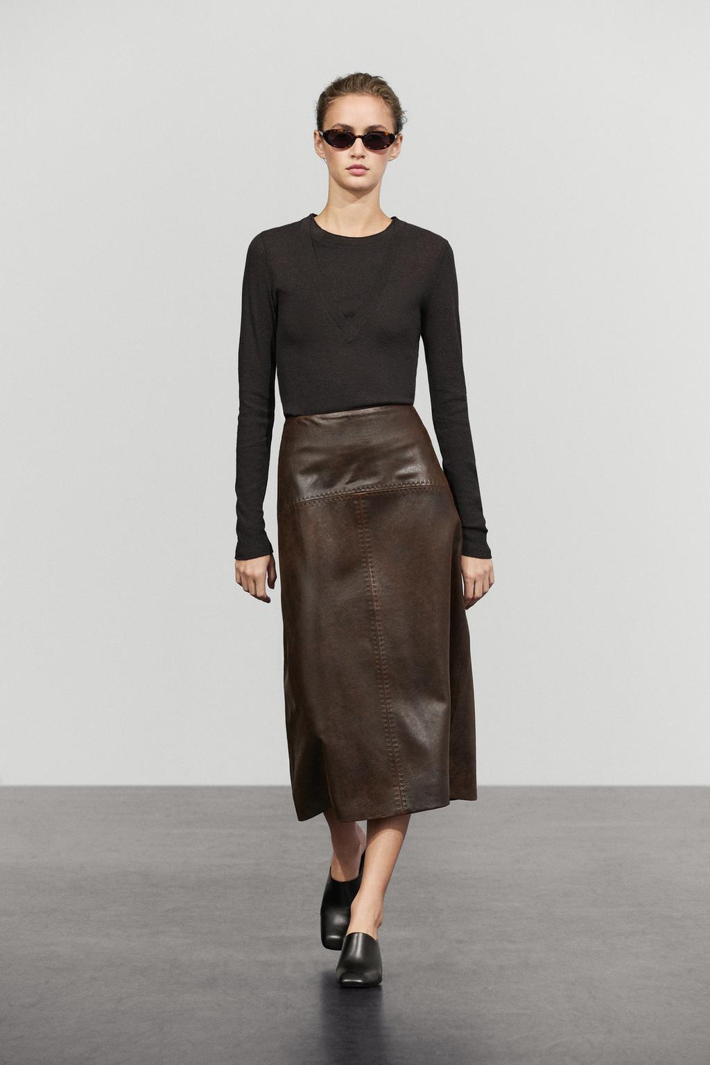 Massimo Dutti Düz nappa dəri midi yubka, tikiş detalları ilə