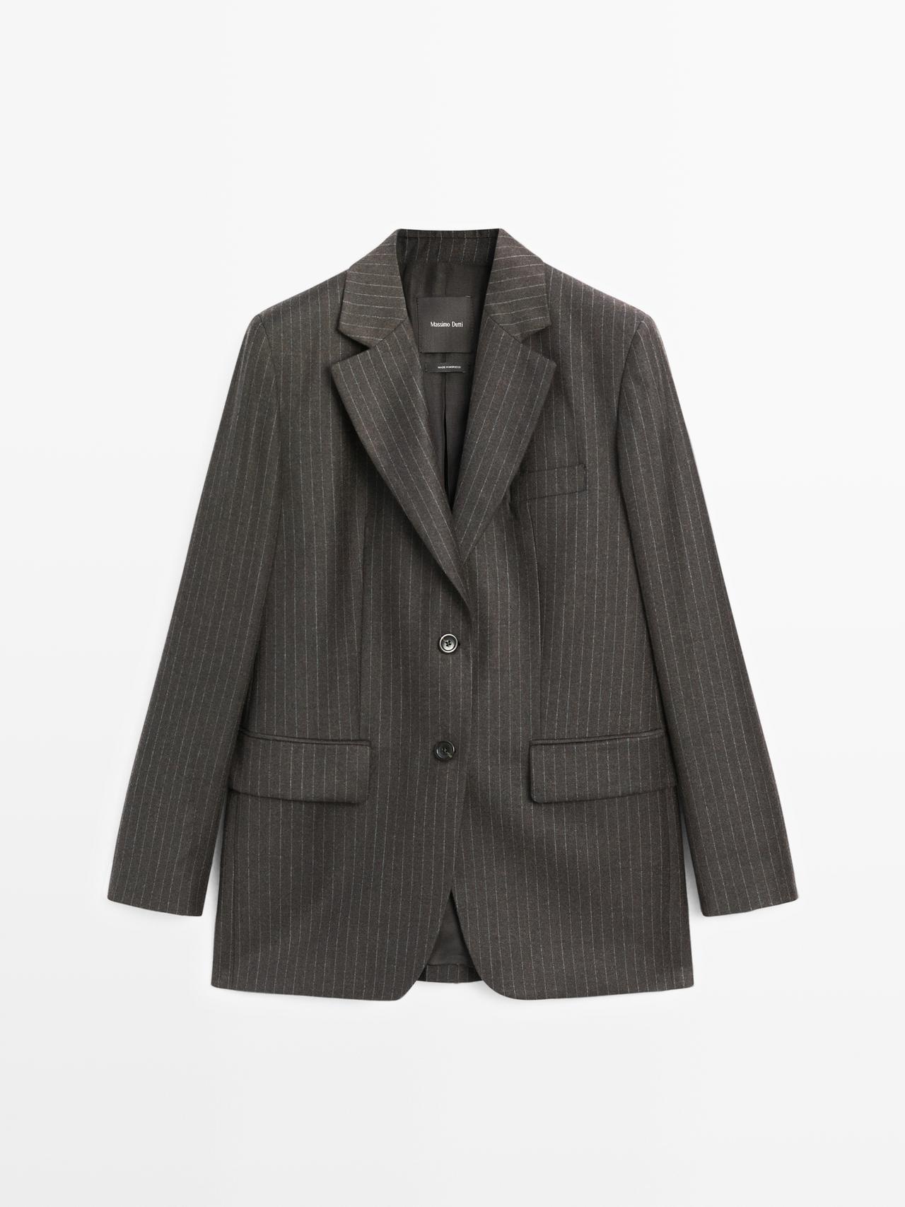 Massimo Dutti - Dame - Smalstribet Blazer I 100 % Uld - Chokolade - 42