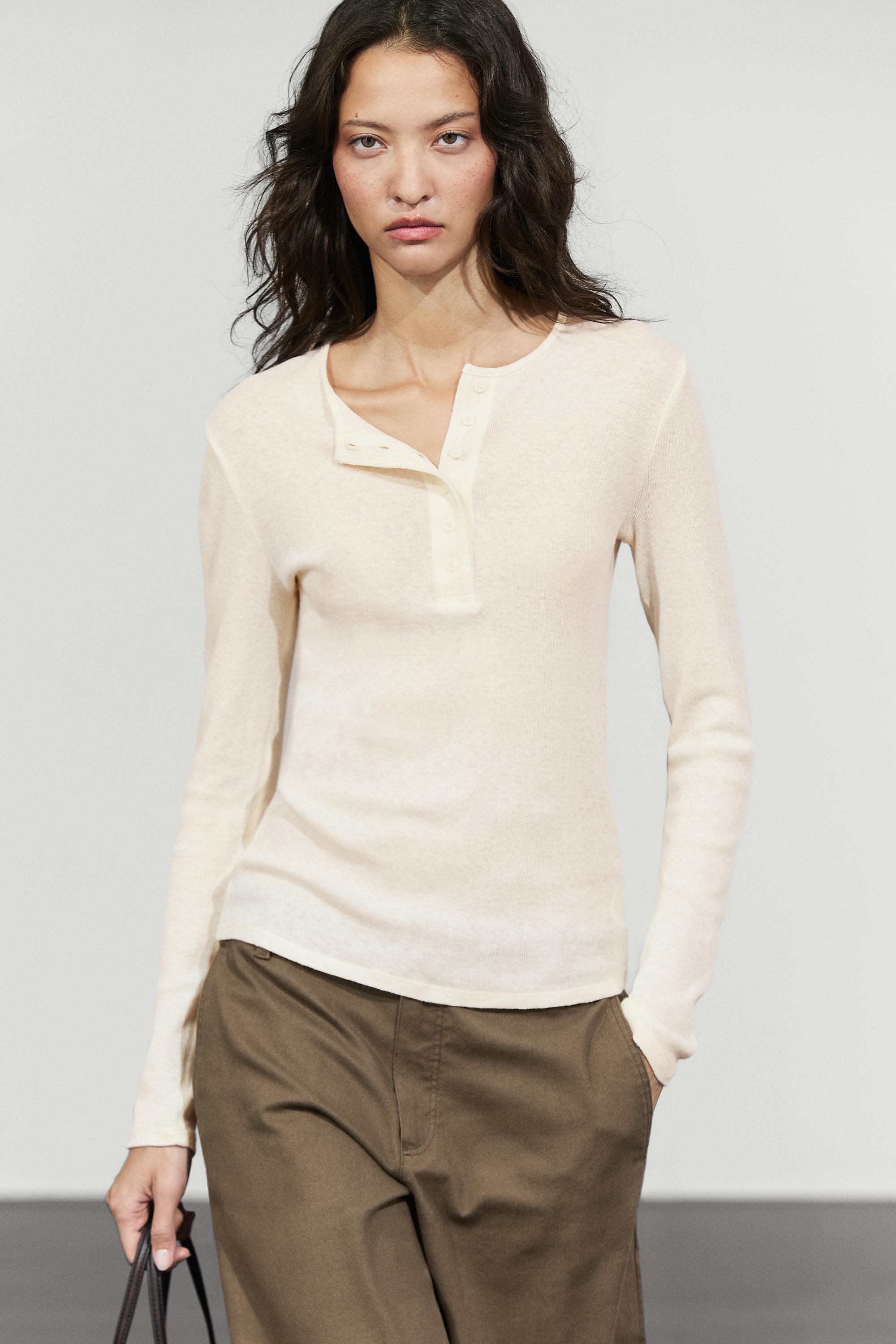 Cotton cashmere long sleeve henley T-shirt