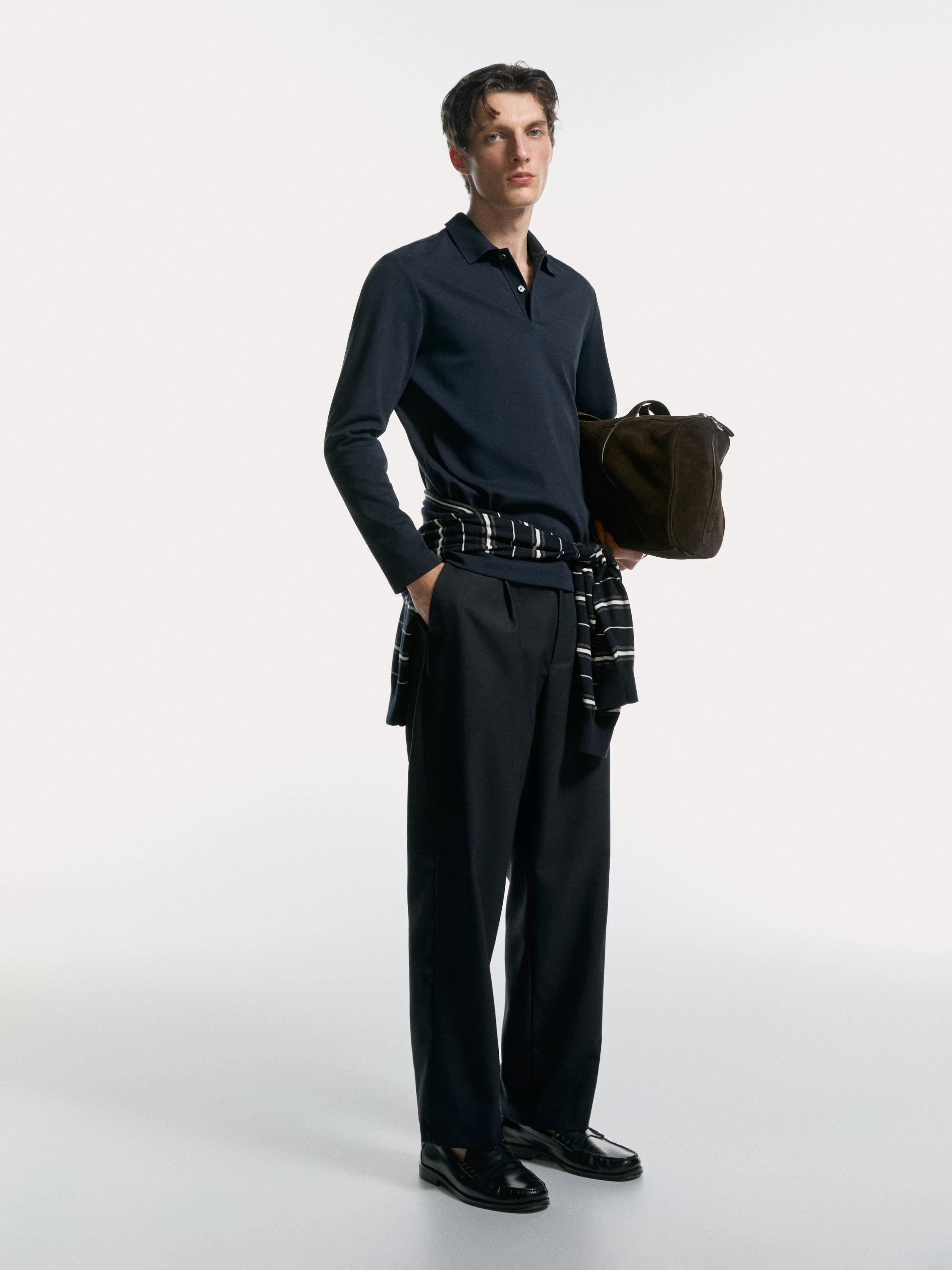 Long sleeve polo shirt with ribbed detail — NAVY BLUE