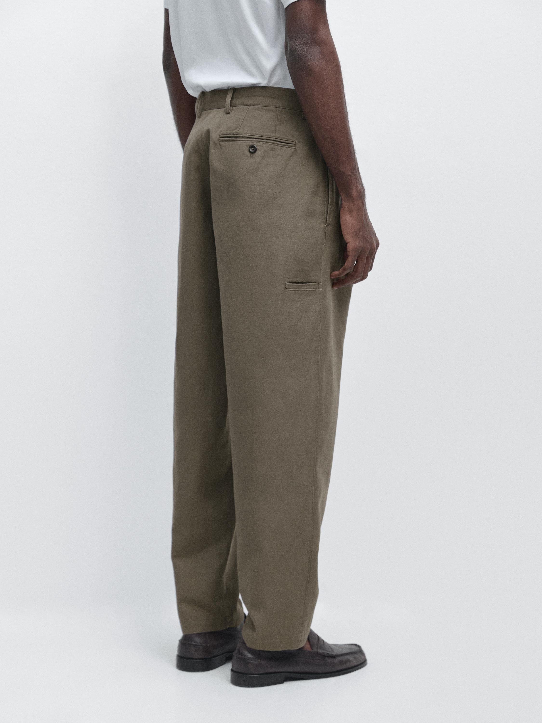 Cotton and linen tapered fit trousers — MOLE BROWN