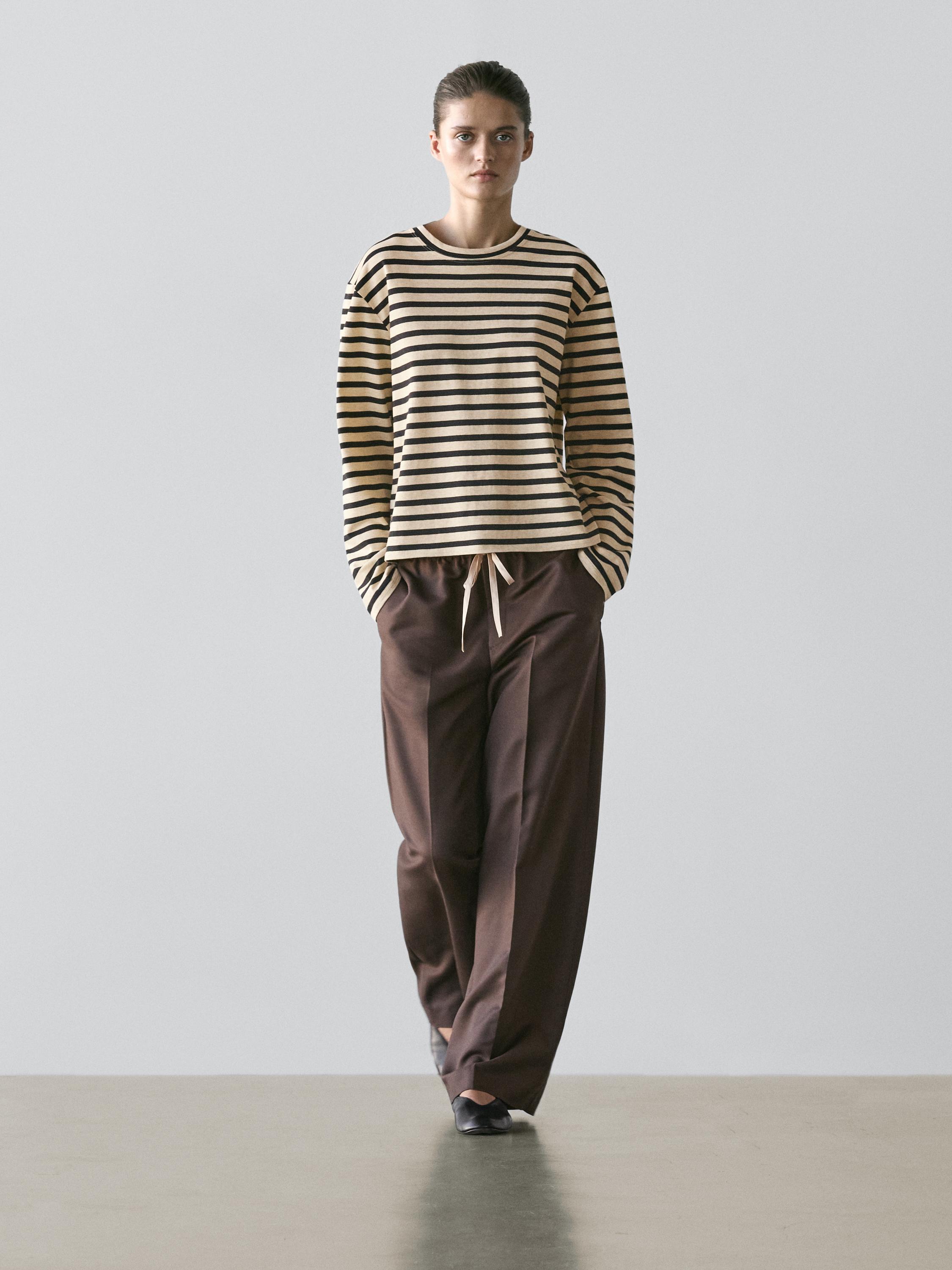 Wool blend contrast drawstring trousers — BROWN