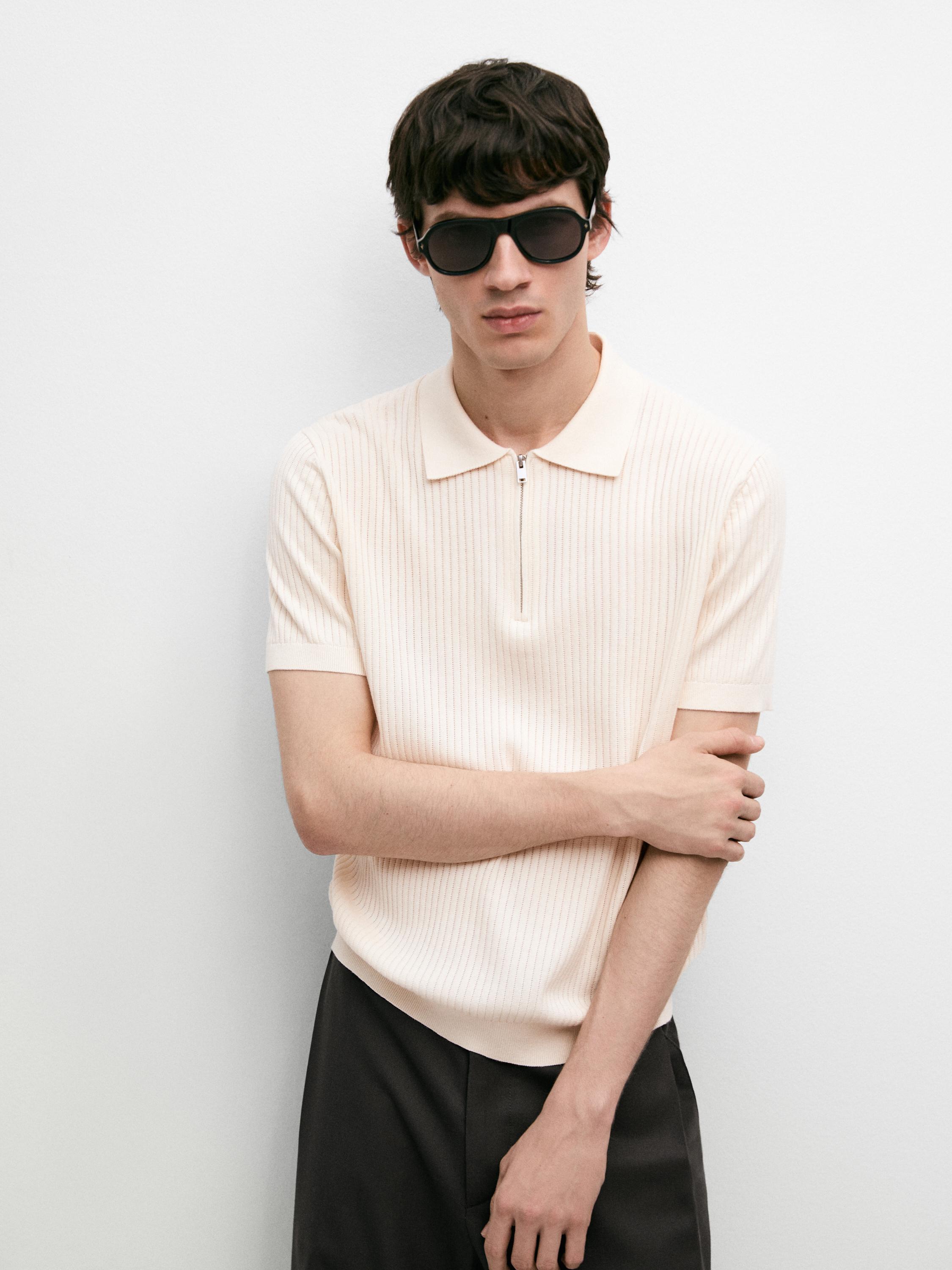 Quarter-zip knit polo sweater — CREAM