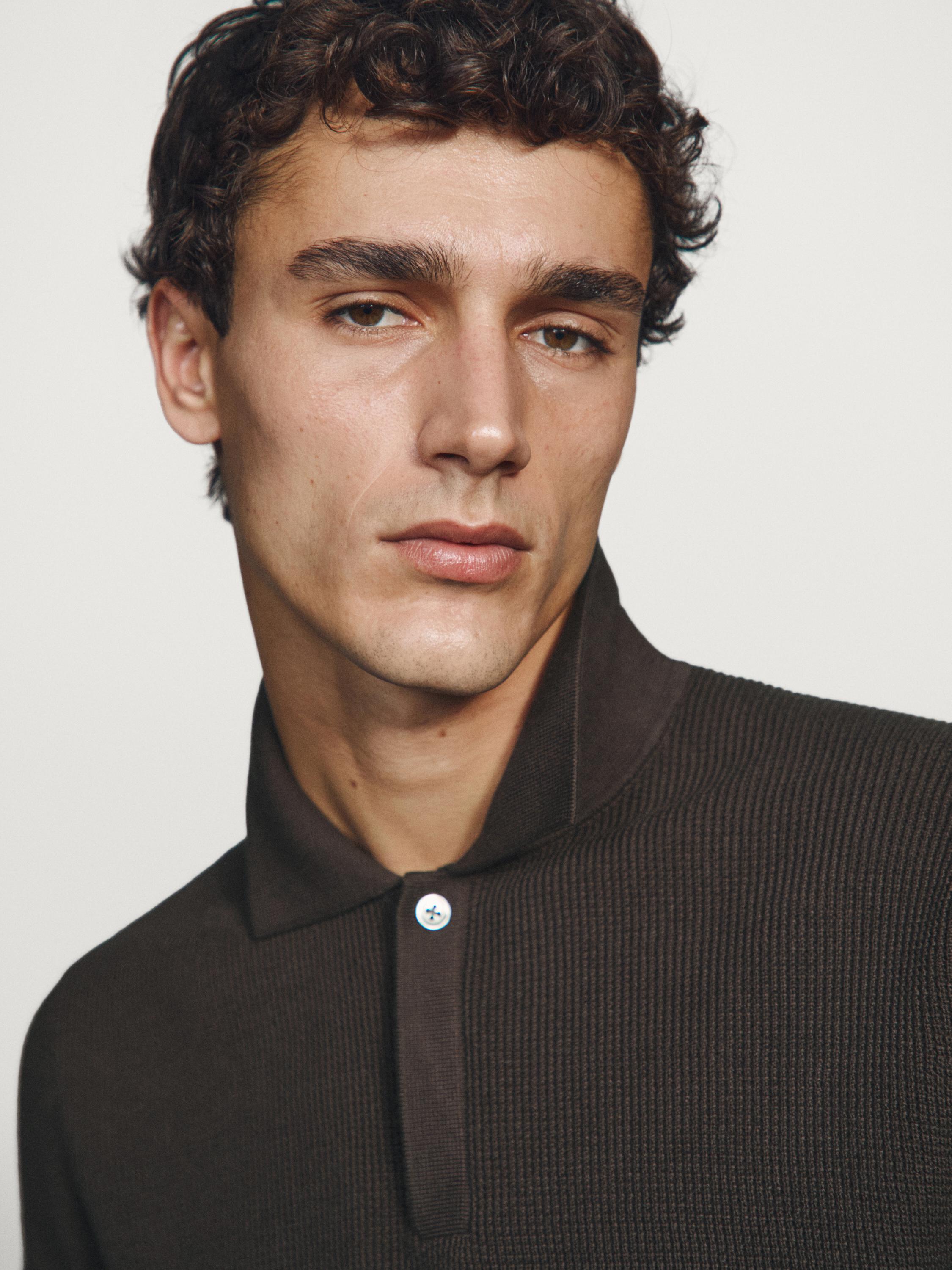 Textured cotton knit polo shirt — BROWN MARL