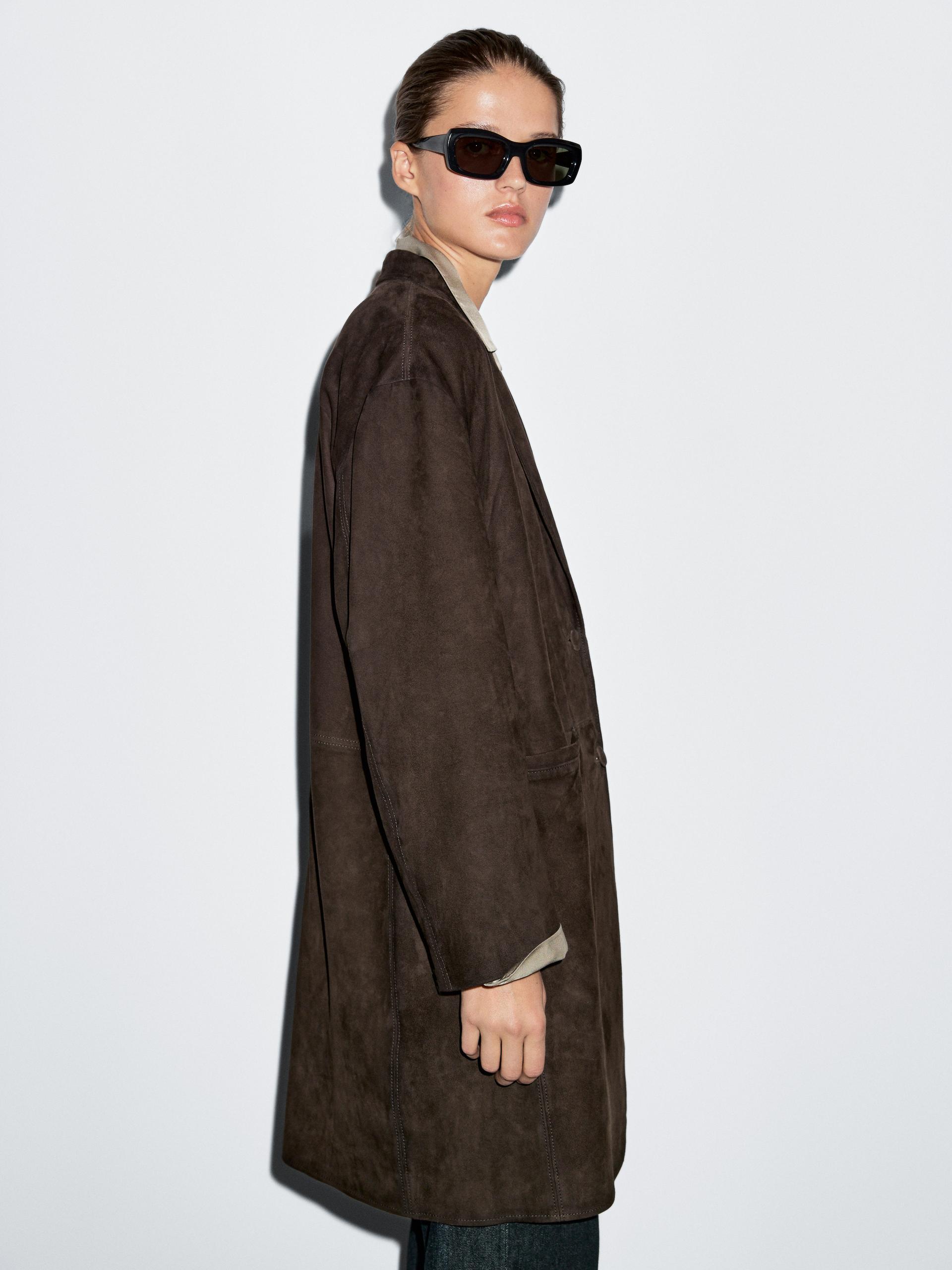 Manteau Long En Cuir Finition Daim - Marron - S - Massimo Dutti - Femme