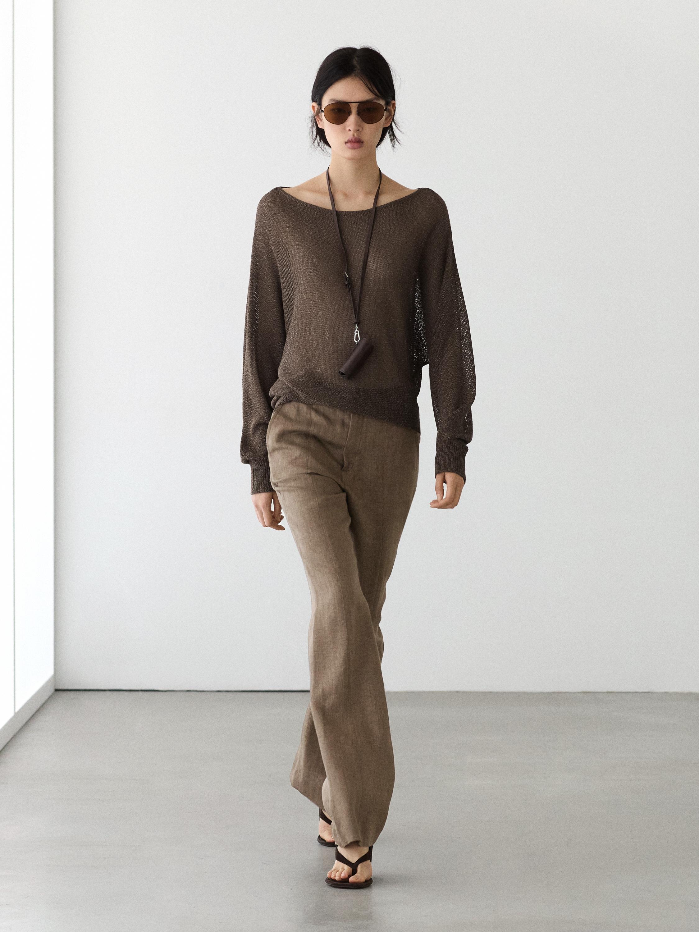 100% linen kick flare trousers — BROWN