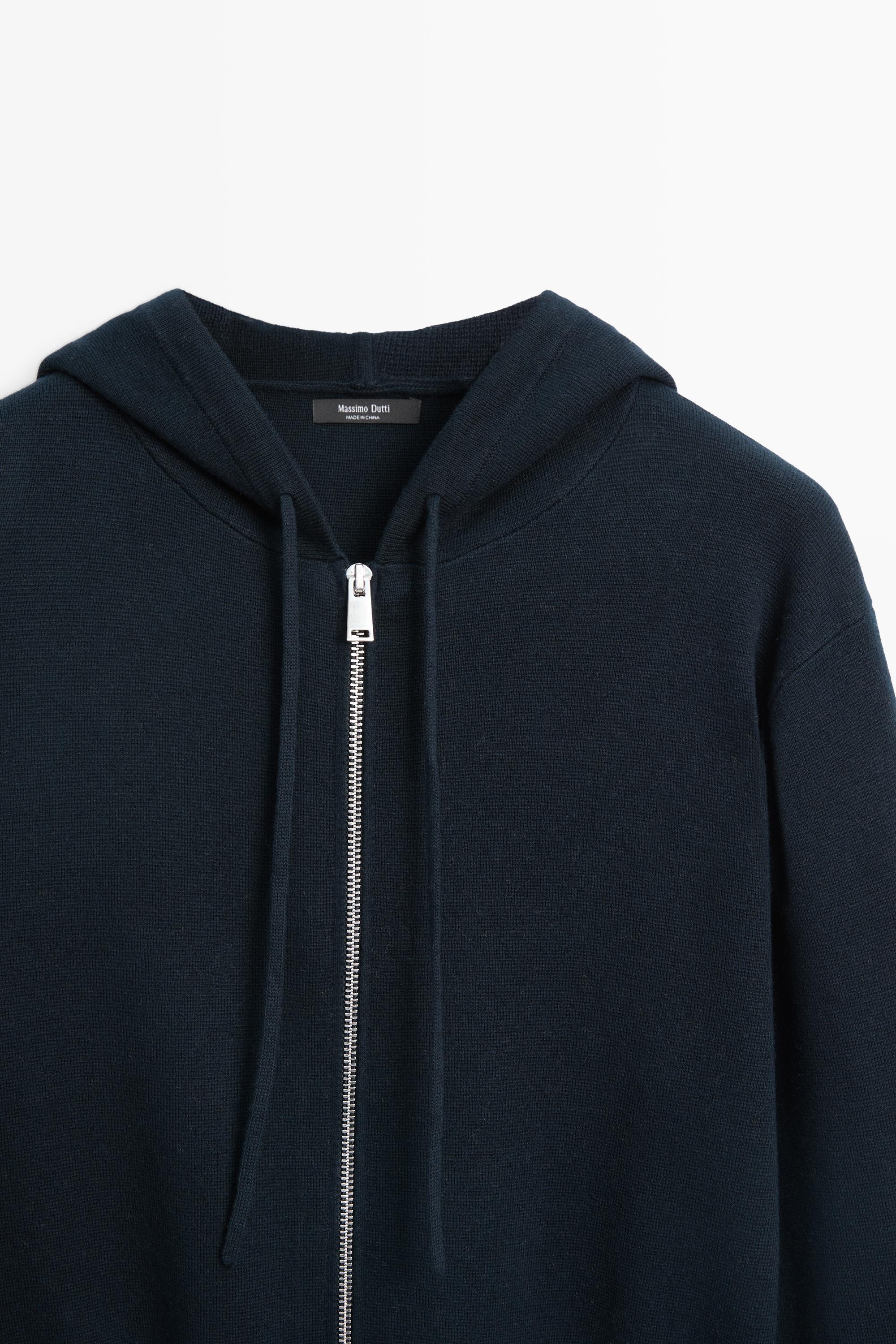 Cotton blend knit hooded cardigan — NAVY BLUE
