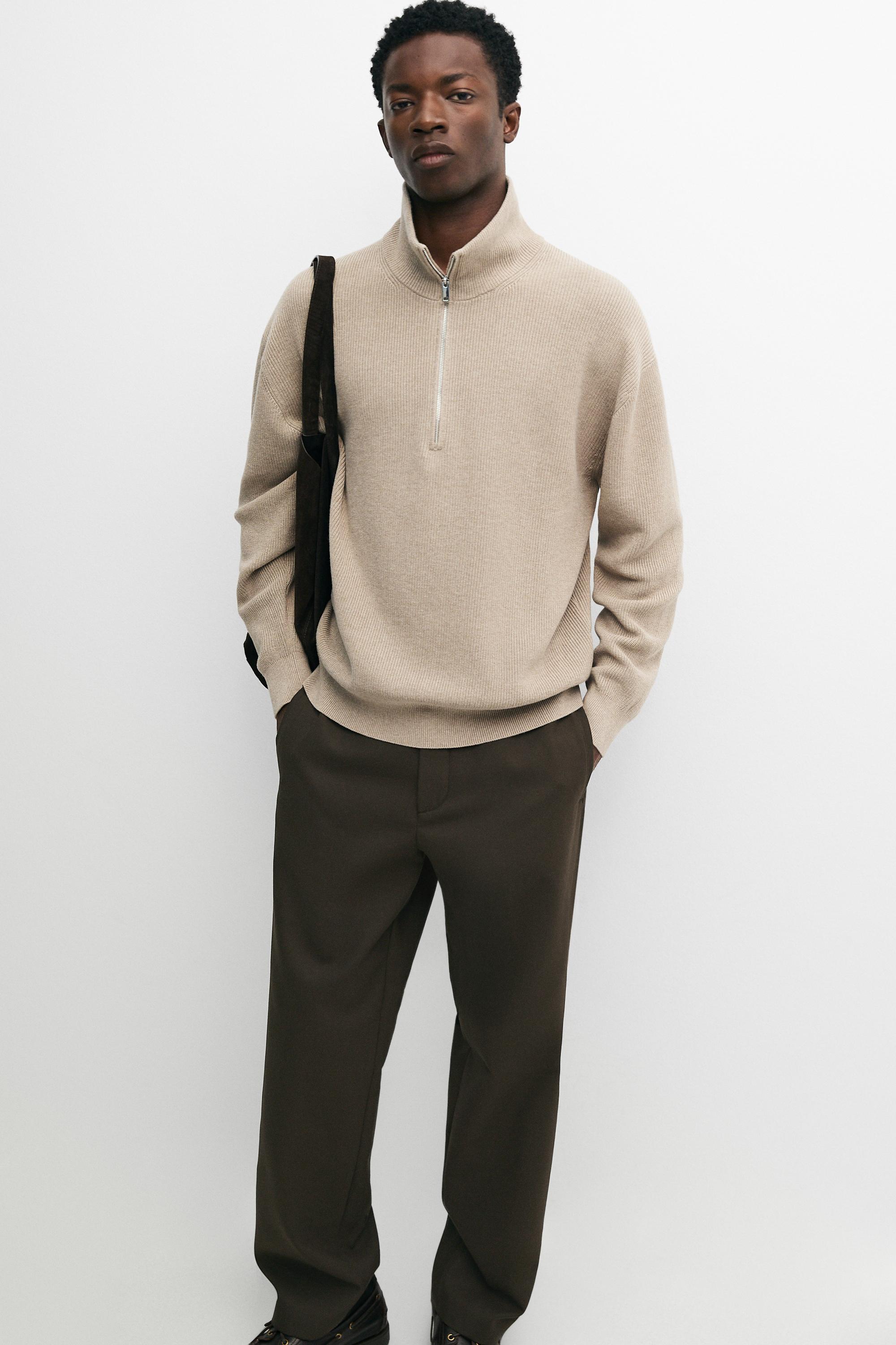 100% cotton mock neck knit sweater — BEIGE