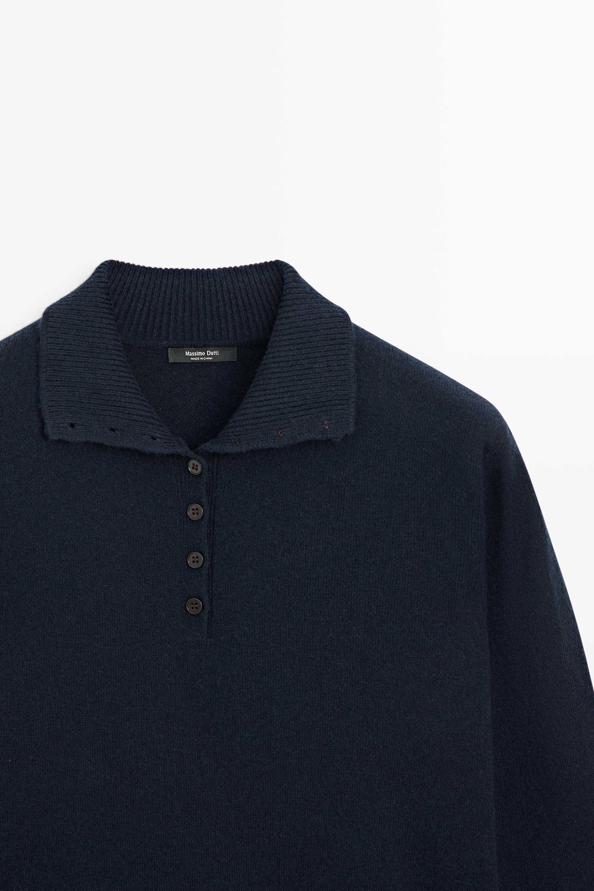 High neck knit sweater with button detail — NAVY BLUE