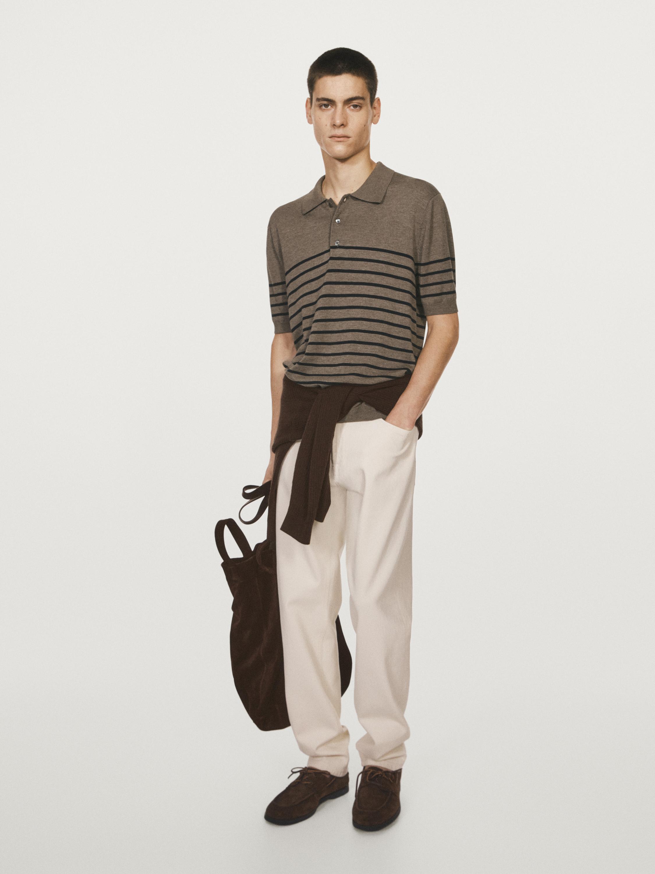 Áo cổ polo dệt kim kẻ sọc cộc tay